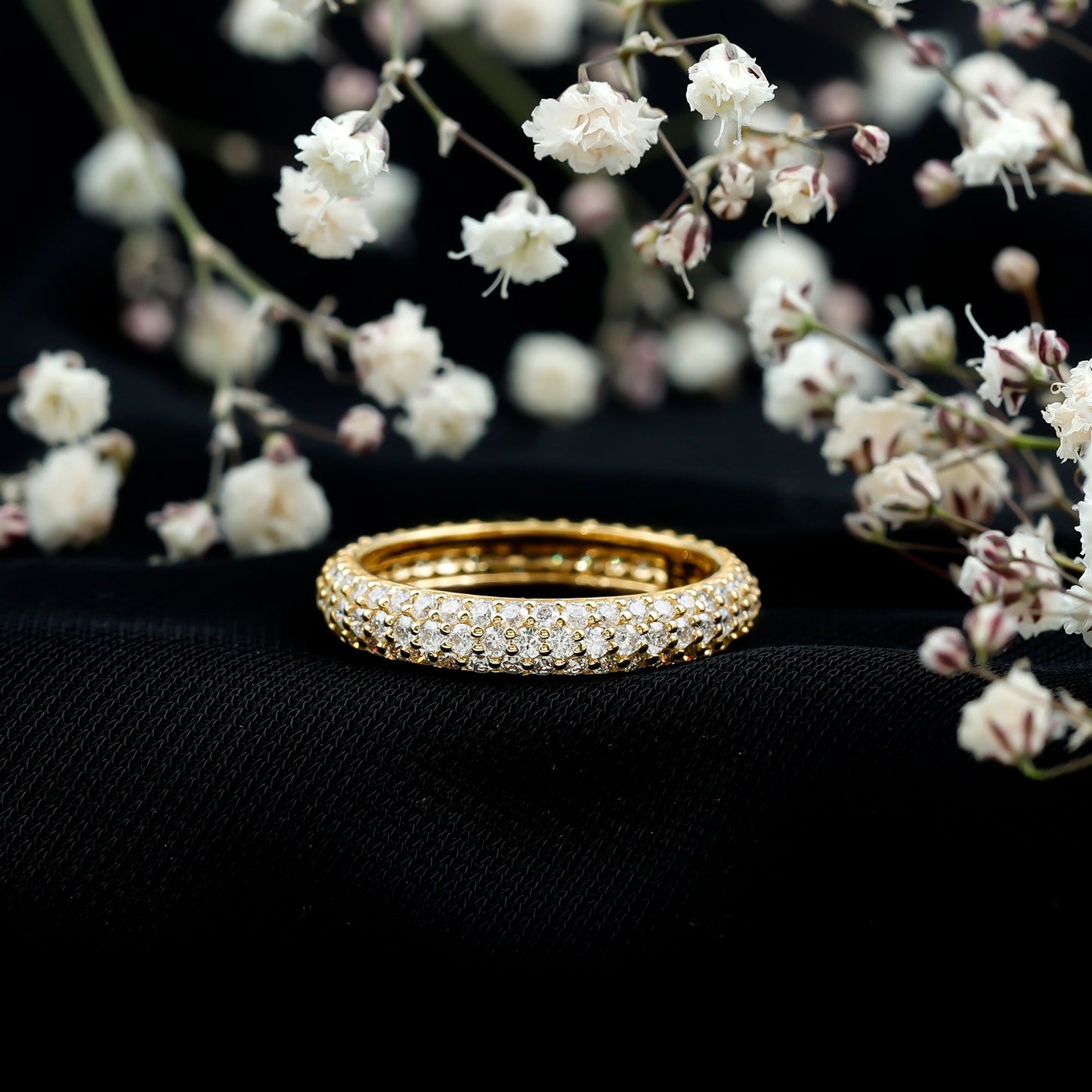 Pave Set Certified Moissanite Three Row Eternity Band