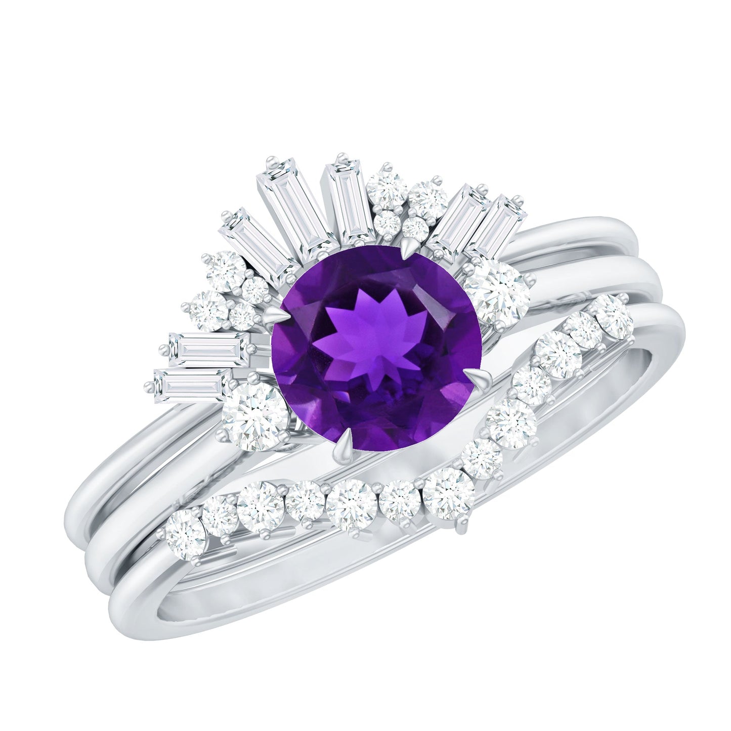 Natural 1.2 Carat Amethyst Diamond 3 Piece Bridal Ring Set