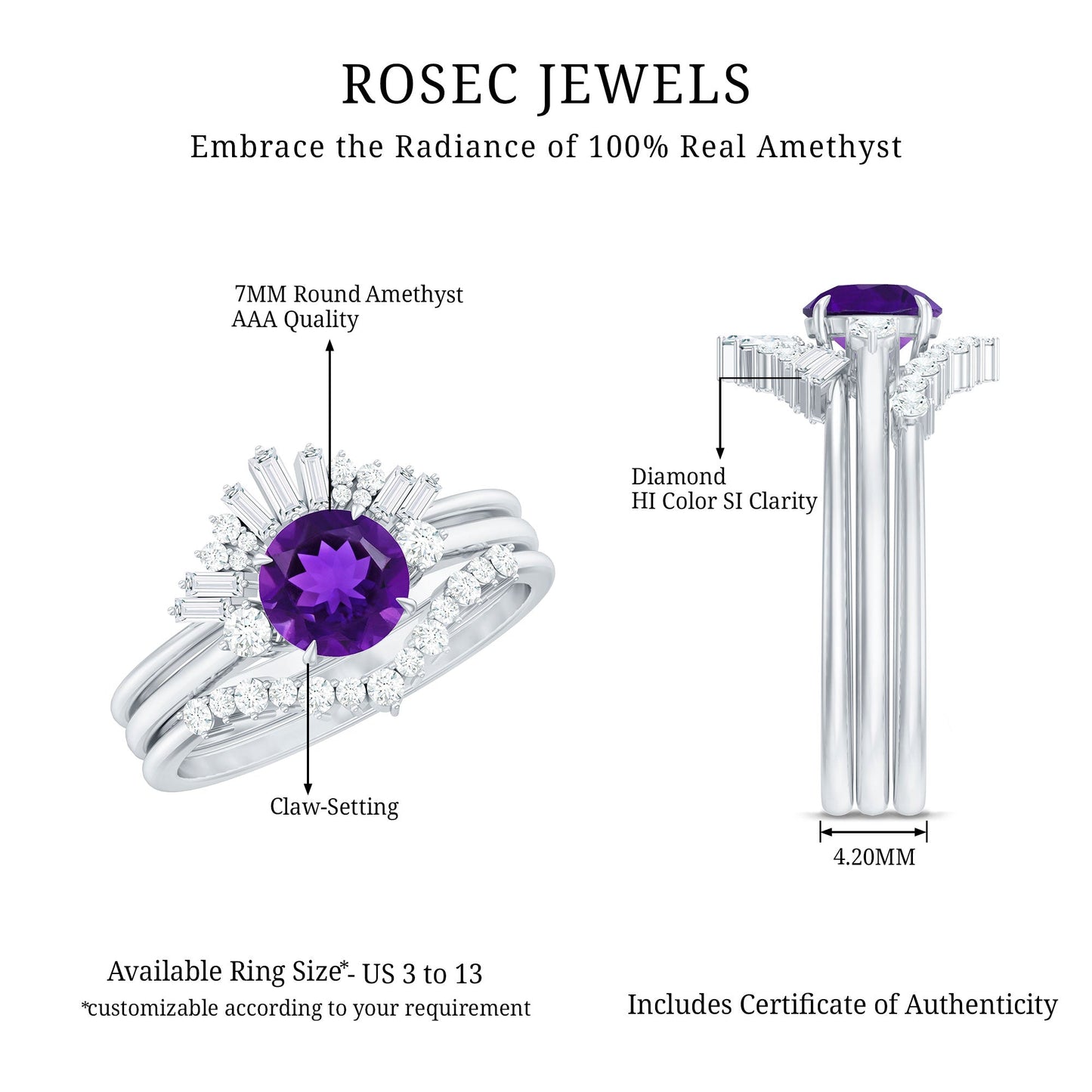 Natural 1.2 Carat Amethyst Diamond 3 Piece Bridal Ring Set
