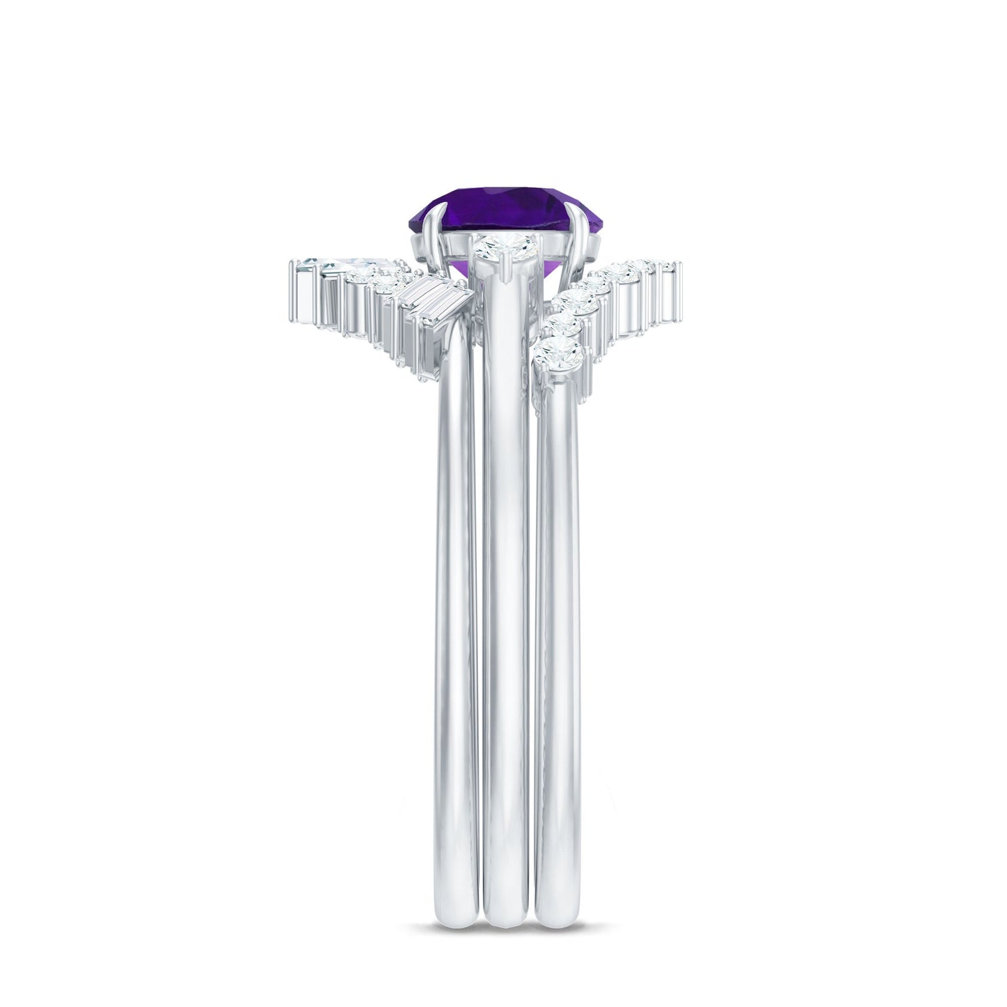 Natural 1.2 Carat Amethyst Diamond 3 Piece Bridal Ring Set