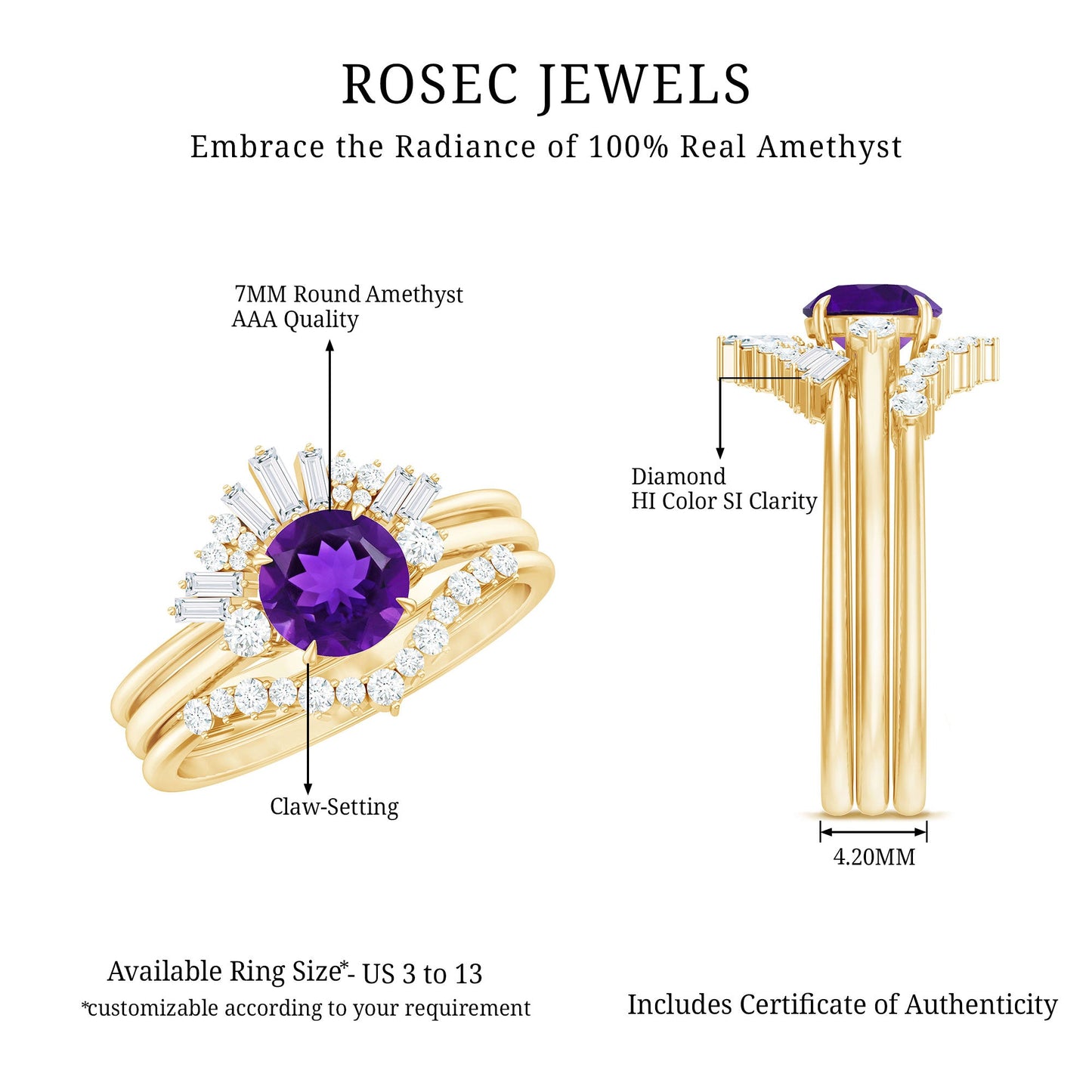 Natural 1.2 Carat Amethyst Diamond 3 Piece Bridal Ring Set