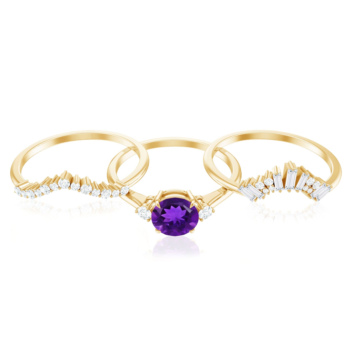 Natural 1.2 Carat Amethyst Diamond 3 Piece Bridal Ring Set