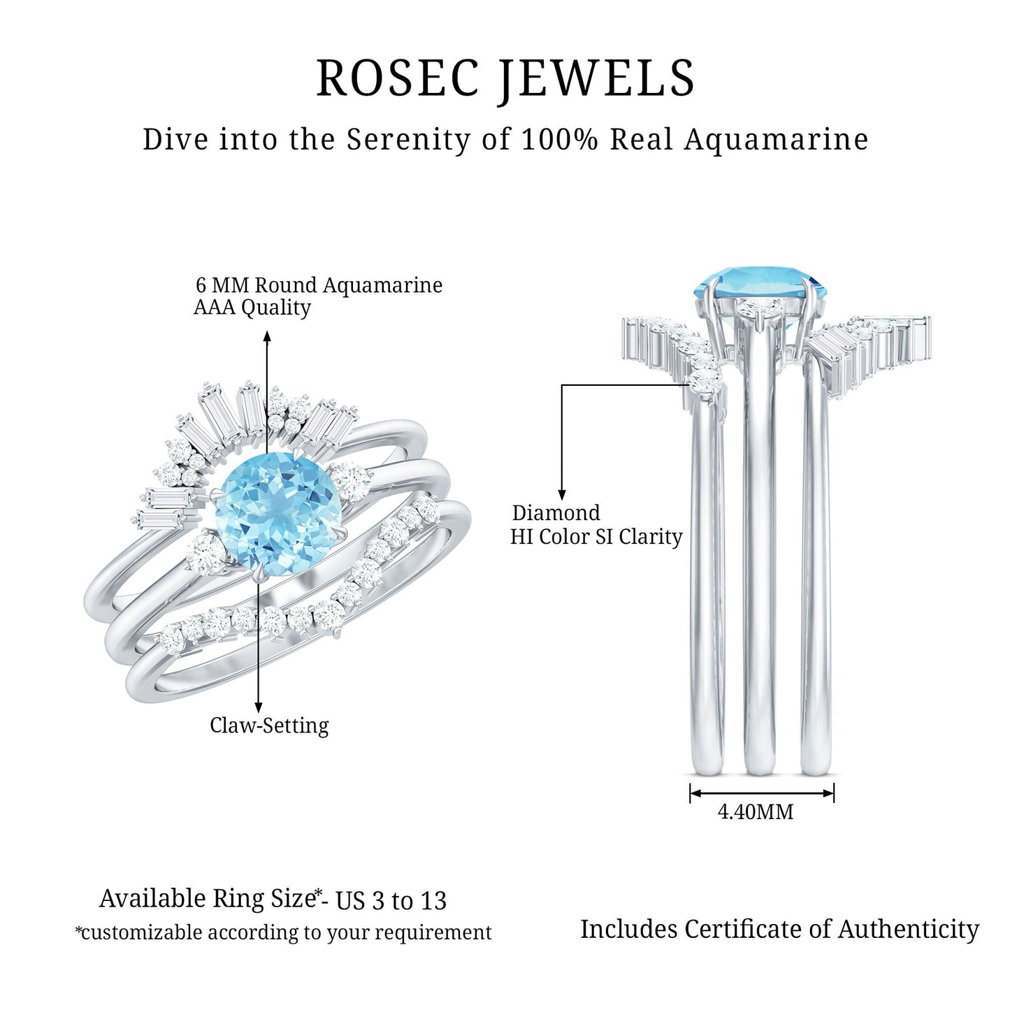 Real Aquamarine Designer Trio Wedding Ring Set with Diamond