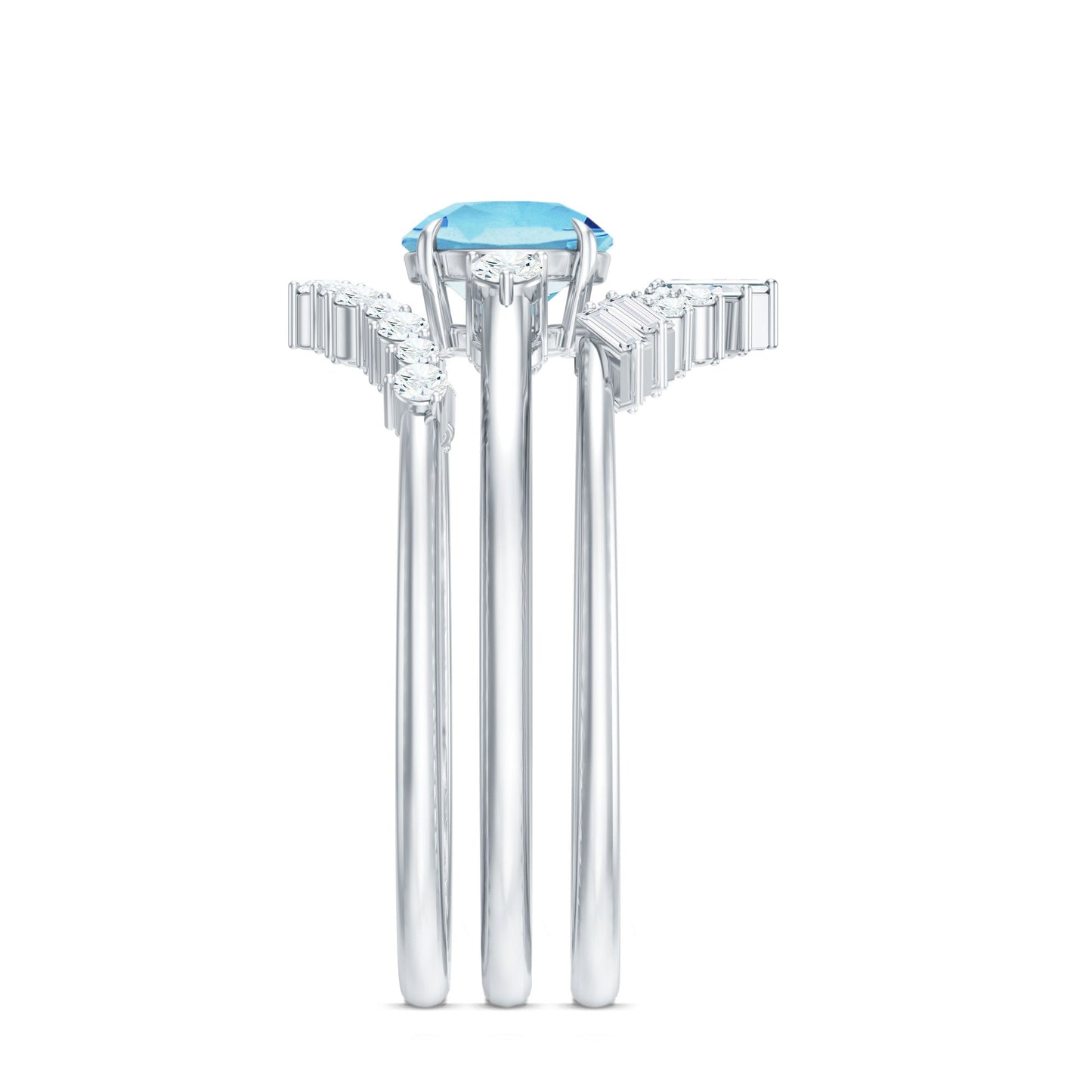 Real Aquamarine Designer Trio Wedding Ring Set with Diamond