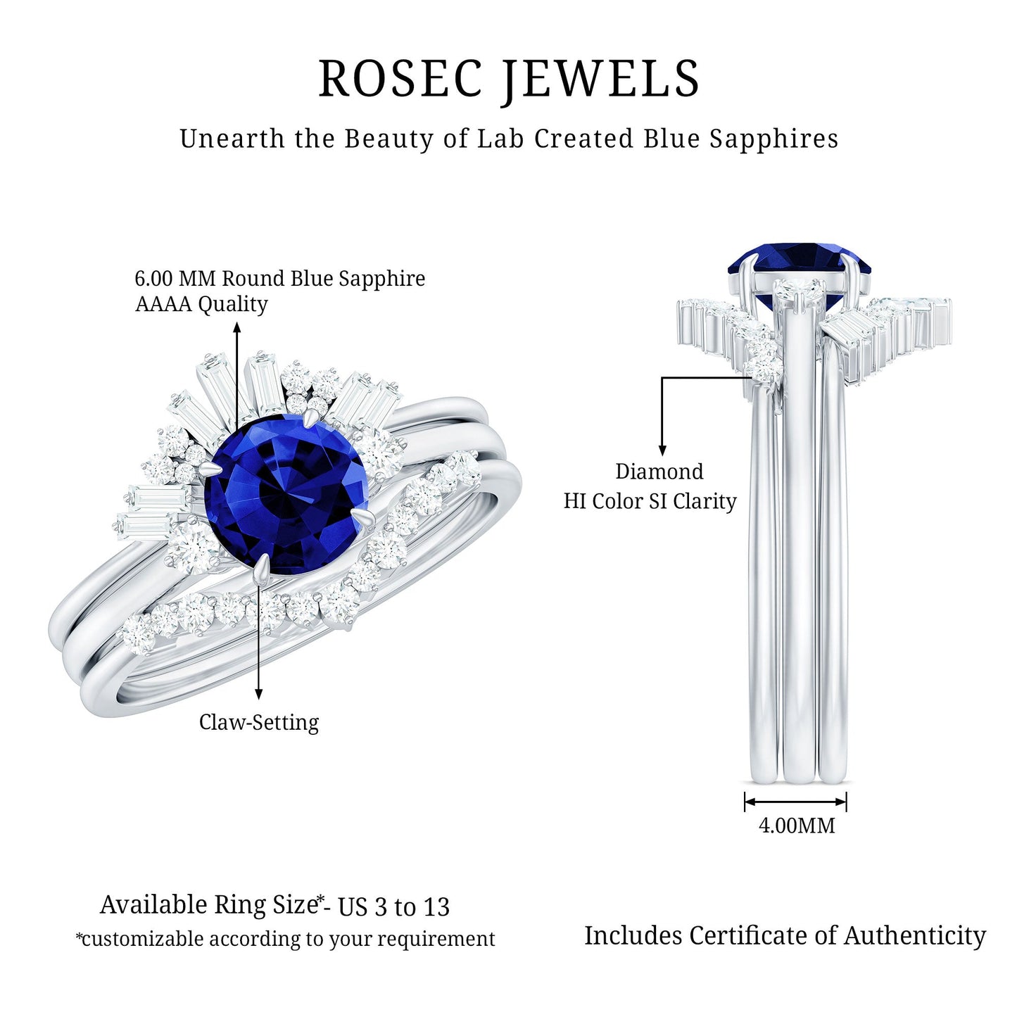 Certified 1 Carat Lab Grown Blue Sapphire 3 Piece Bridal Ring Set with Diamond