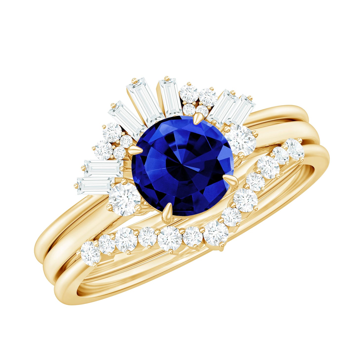 Certified 1 Carat Lab Grown Blue Sapphire 3 Piece Bridal Ring Set with Diamond