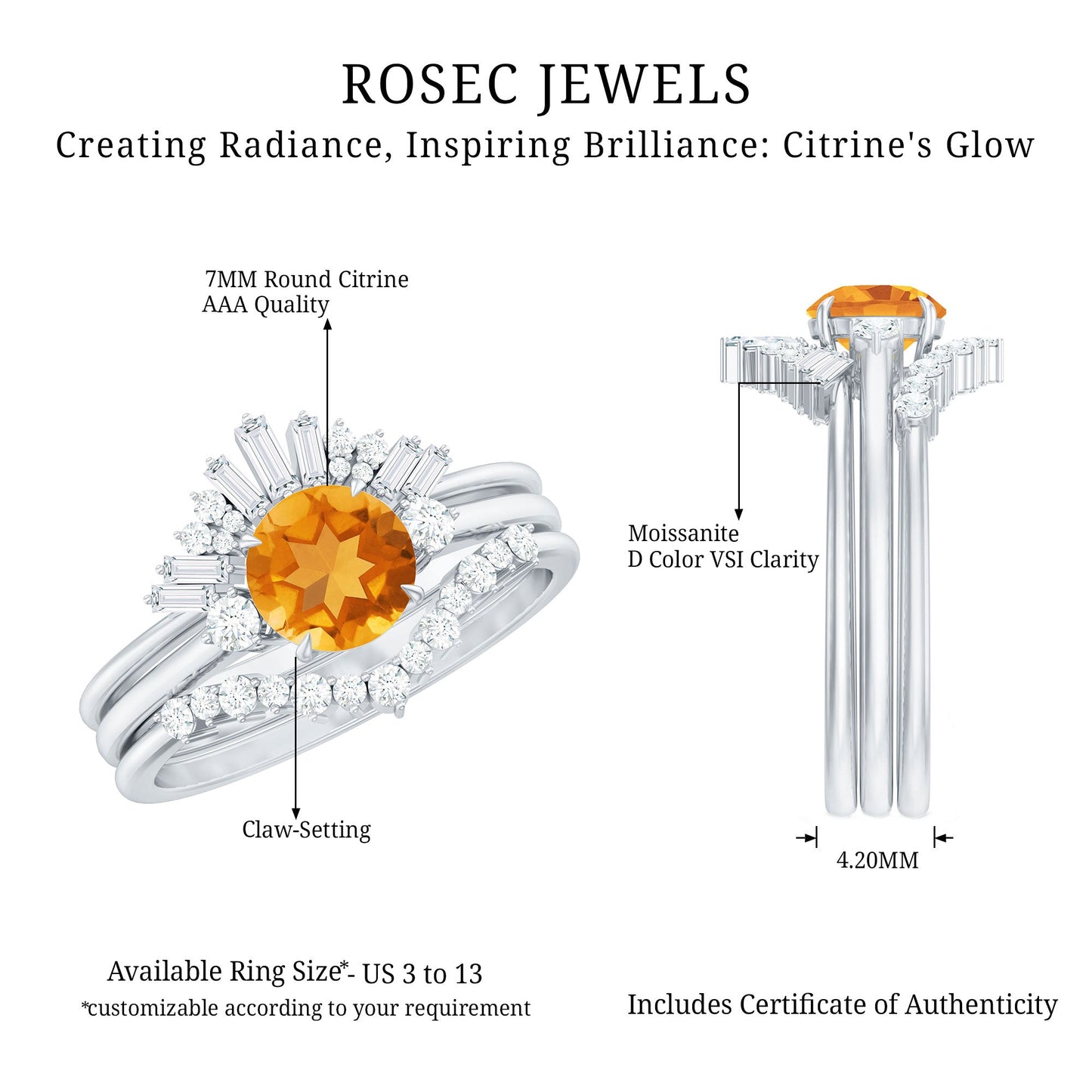 1.2 Carat Designer Citrine Three Piece Wedding Ring Set with Moissanite
