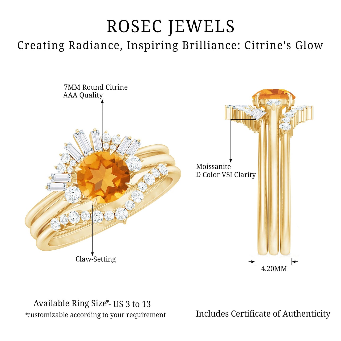 1.2 Carat Designer Citrine Three Piece Wedding Ring Set with Moissanite