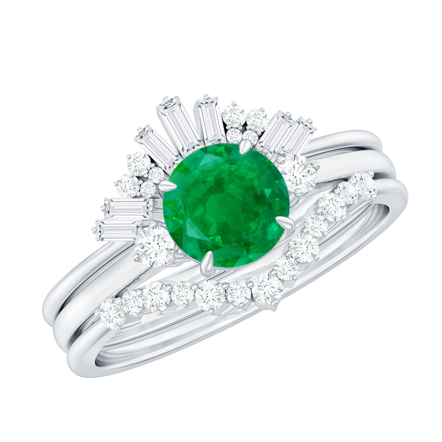 Vintage Inspired 0.4 Carat Emerald Diamond Wedding Bridal Ring Set of 3