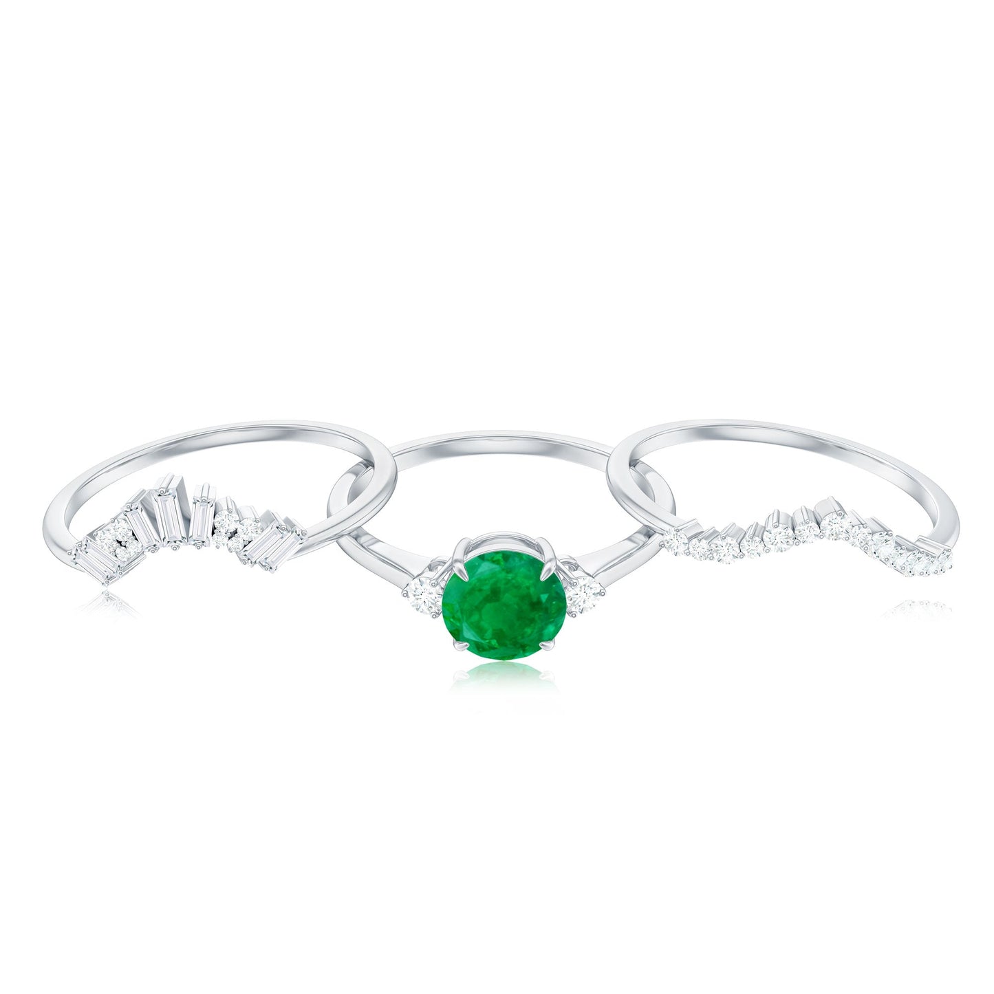 Vintage Inspired 0.4 Carat Emerald Diamond Wedding Bridal Ring Set of 3