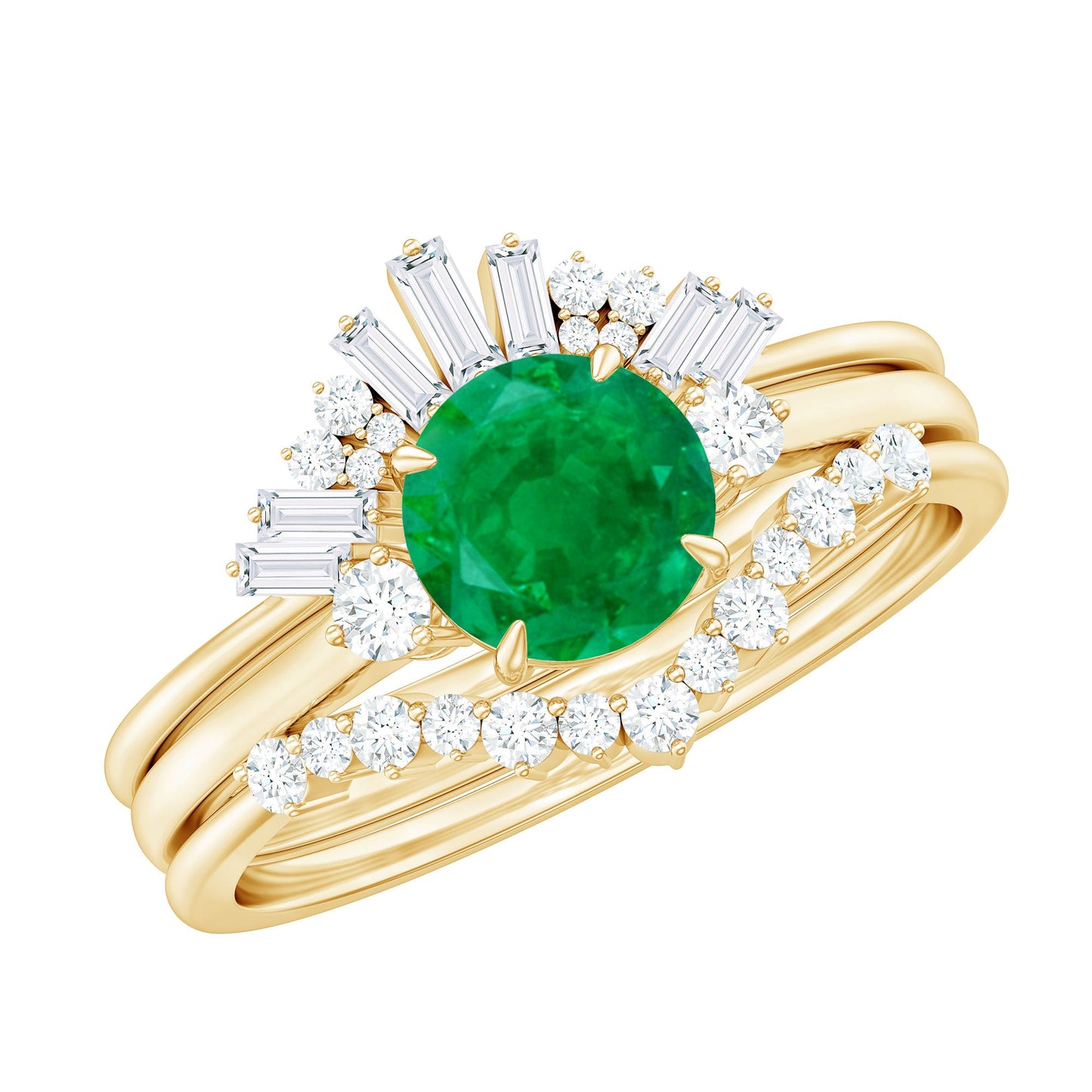 Vintage Inspired 0.4 Carat Emerald Diamond Wedding Bridal Ring Set of 3