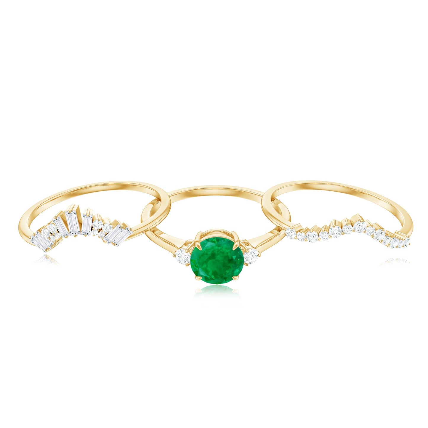 Vintage Inspired 0.4 Carat Emerald Diamond Wedding Bridal Ring Set of 3