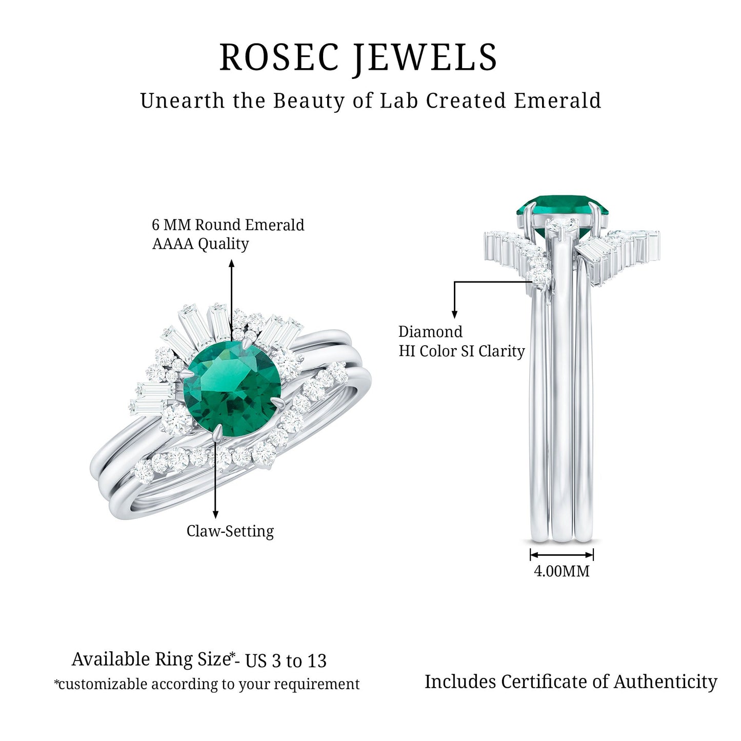 0.8 Carat Vintage Inspired Lab Grown Emerald Diamond Wedding Bridal Ring Set of 3