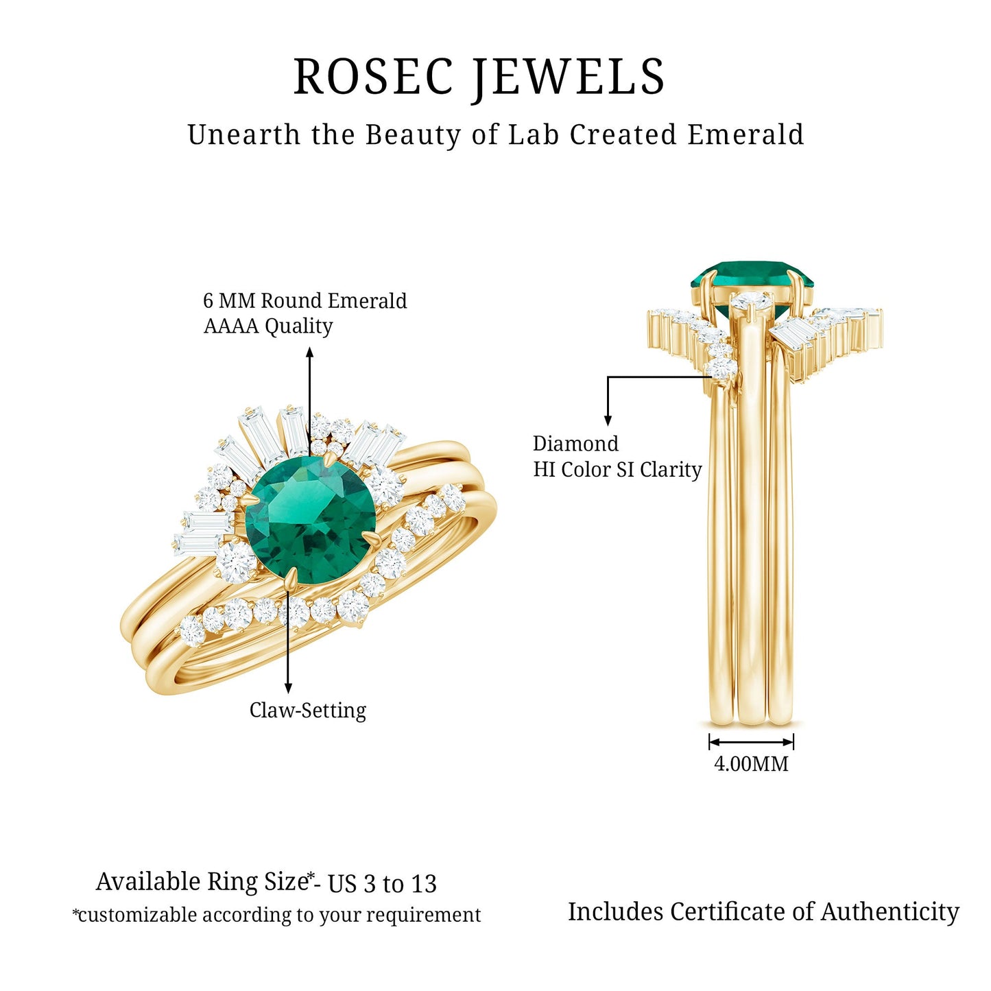 0.8 Carat Vintage Inspired Lab Grown Emerald Diamond Wedding Bridal Ring Set of 3