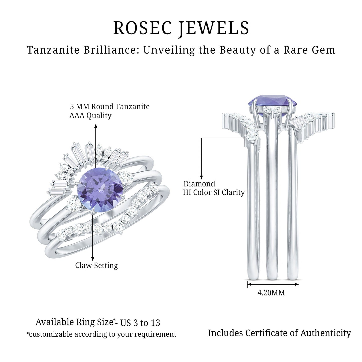 0.5 Carat Vintage Style Tanzanite 3 Piece Bridal Ring Set with Diamond Enhancers