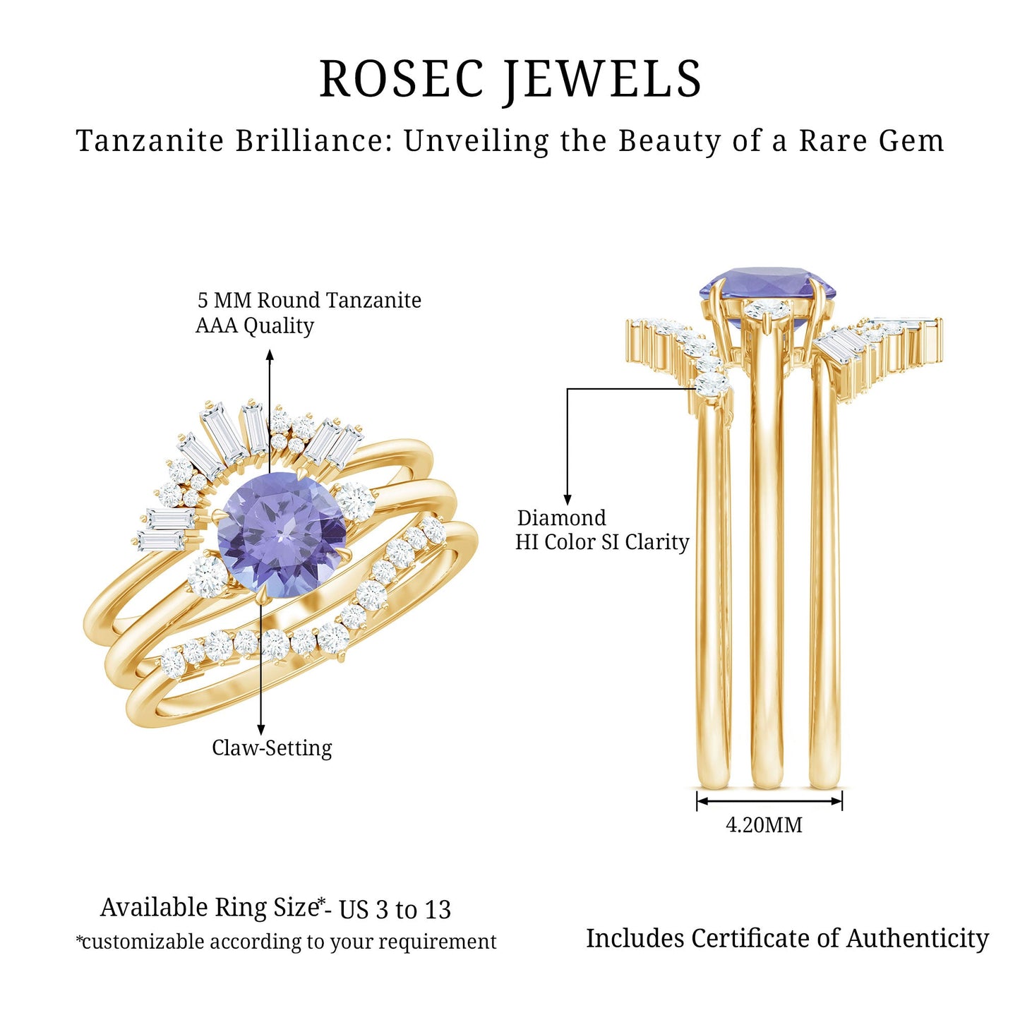 0.5 Carat Vintage Style Tanzanite 3 Piece Bridal Ring Set with Diamond Enhancers