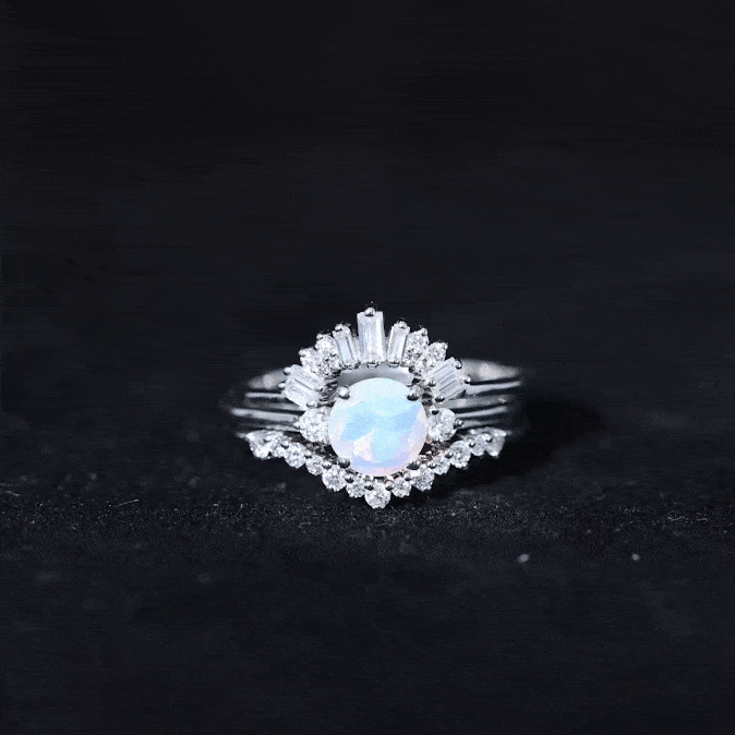 0.8 Carat Natural Ethiopian Rainbow Opal Diamond Wedding Bridal Ring Set of 3