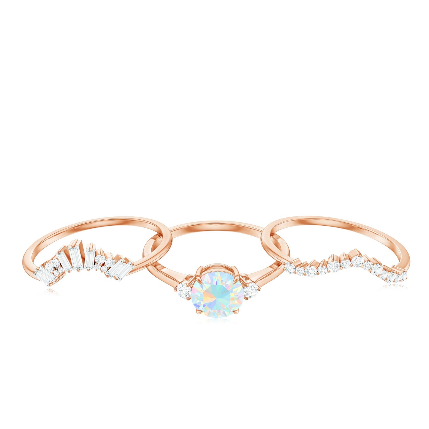 0.8 Carat Natural Ethiopian Rainbow Opal Diamond Wedding Bridal Ring Set of 3