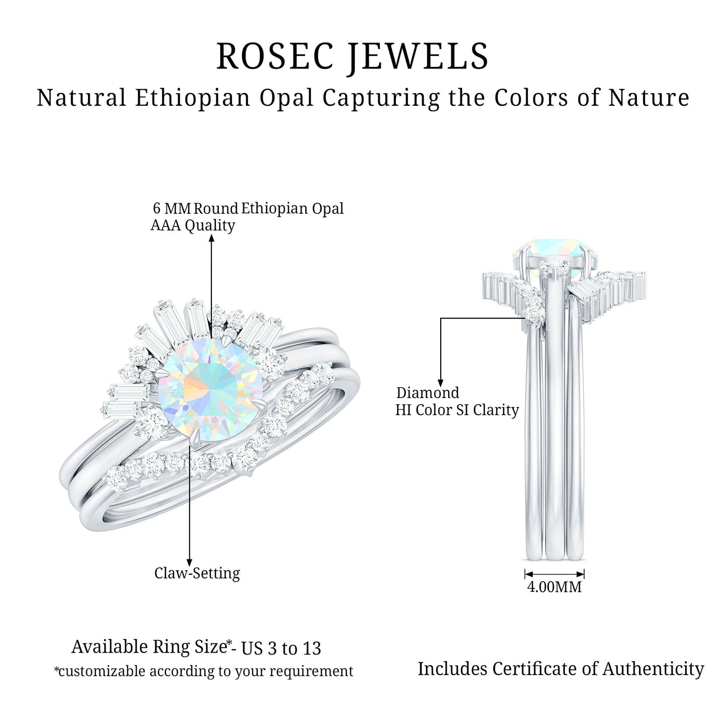 0.8 Carat Natural Ethiopian Rainbow Opal Diamond Wedding Bridal Ring Set of 3