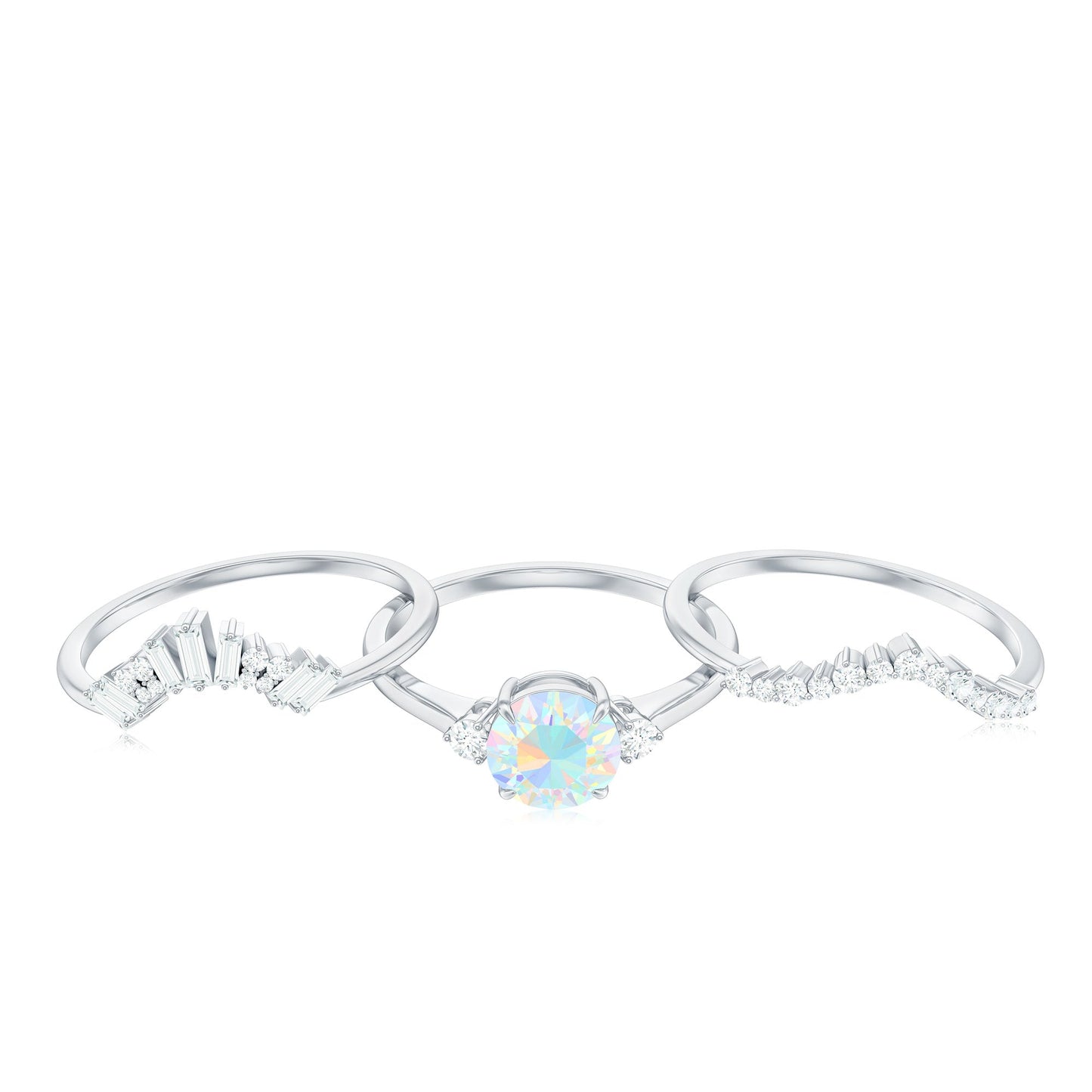 0.8 Carat Natural Ethiopian Rainbow Opal Diamond Wedding Bridal Ring Set of 3