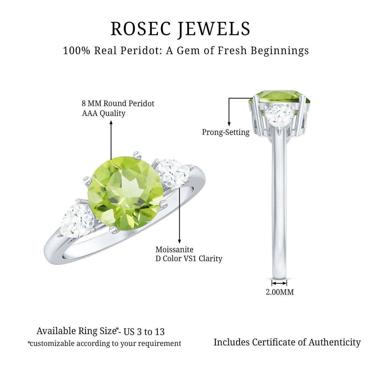 Certified Real 2 Carat Peridot Three Stone Engagement Ring with Moissanite