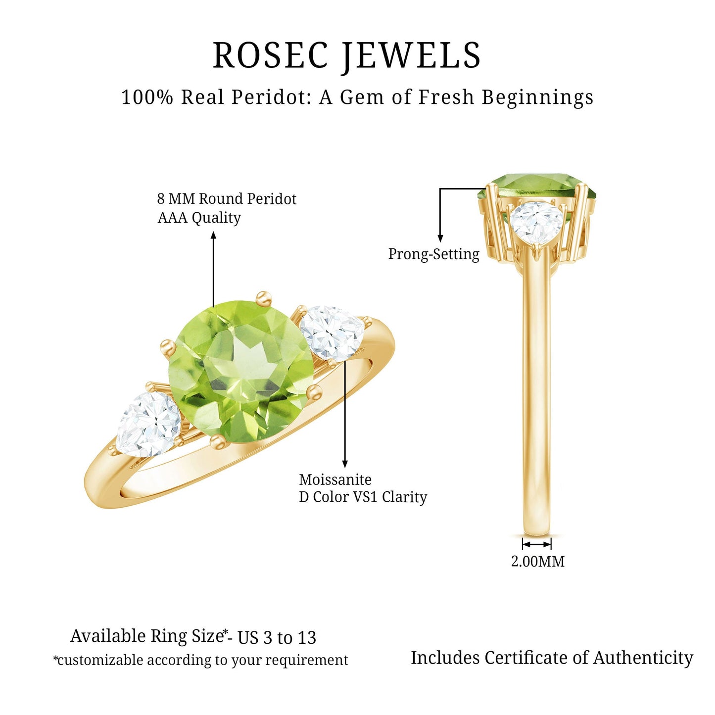 Certified Real 2 Carat Peridot Three Stone Engagement Ring with Moissanite