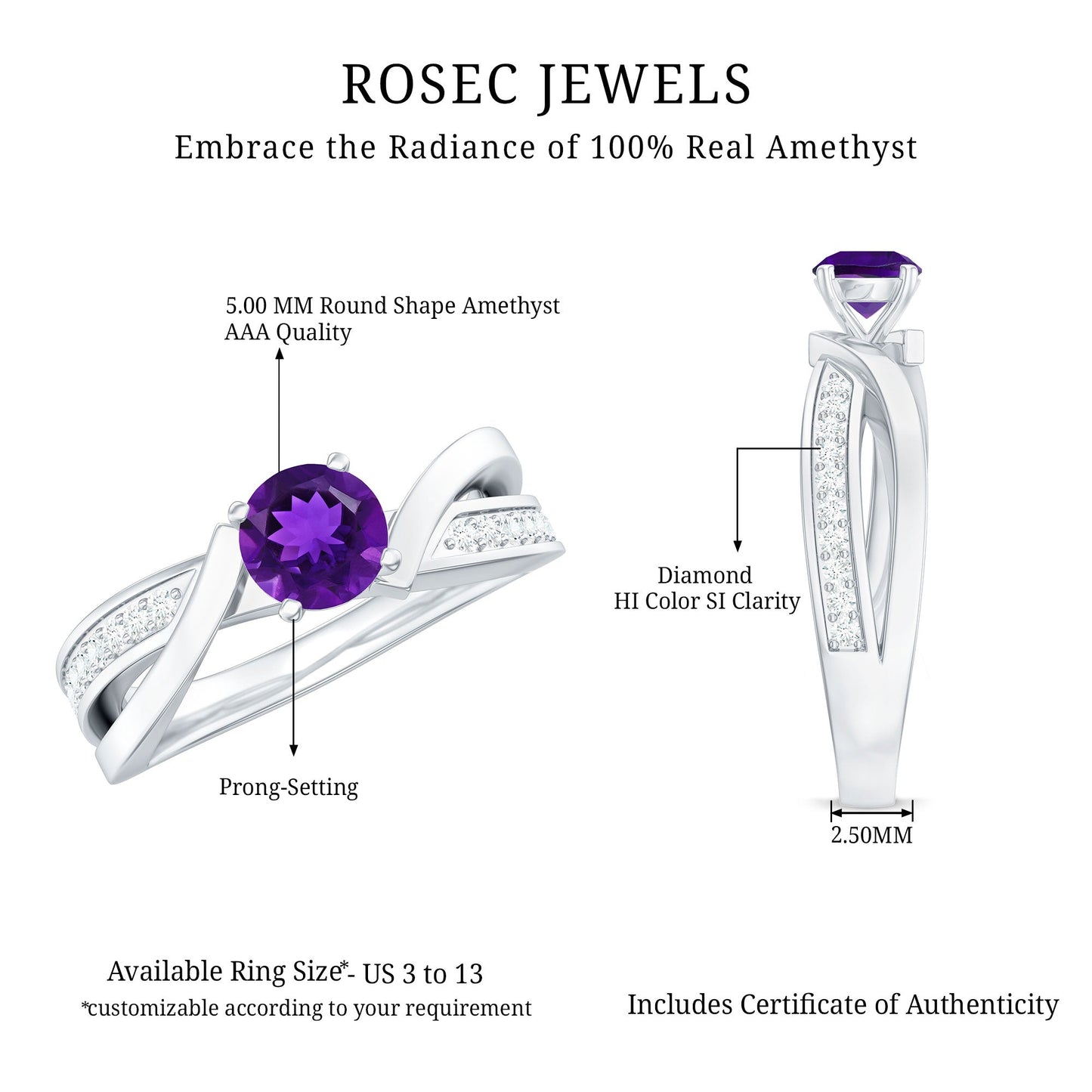 Real Amethyst Engagement Ring with Diamond Infinity Shank