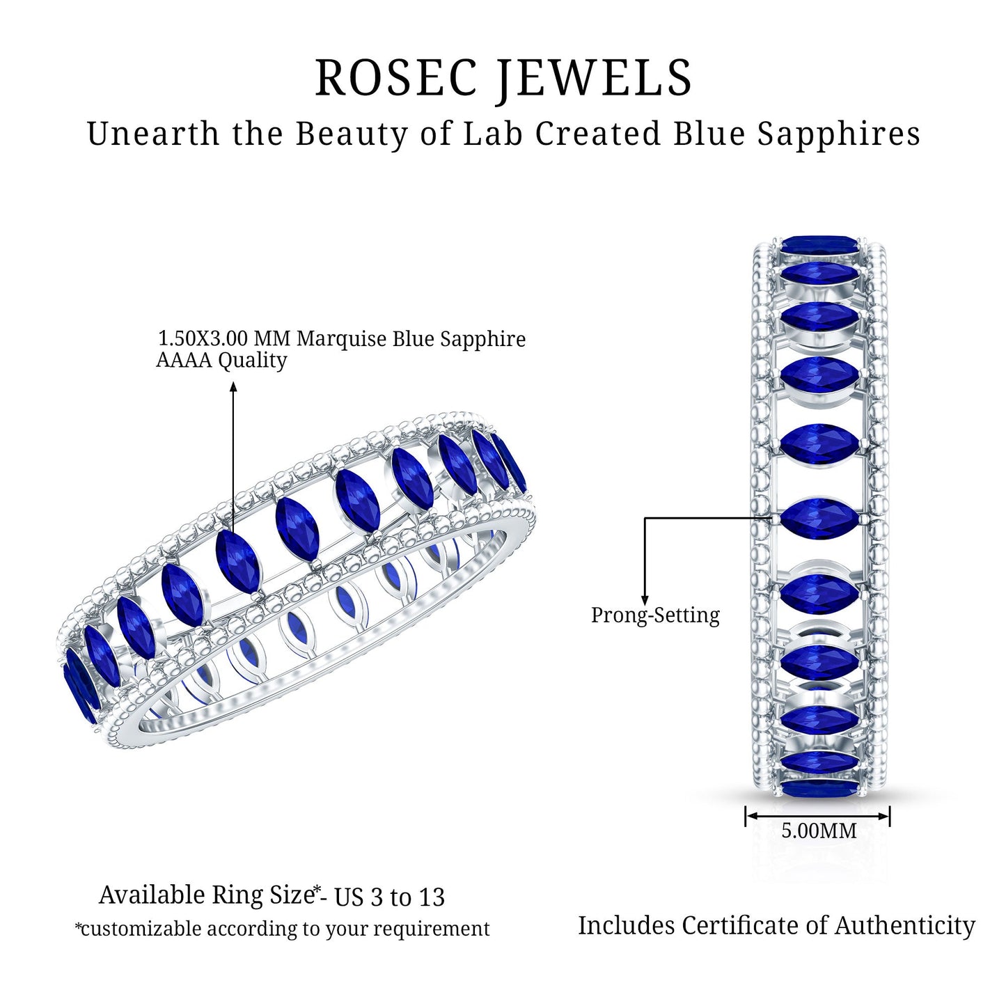 Marquise Cut Created Blue Sapphire Eternity Band with Beaded Detailing