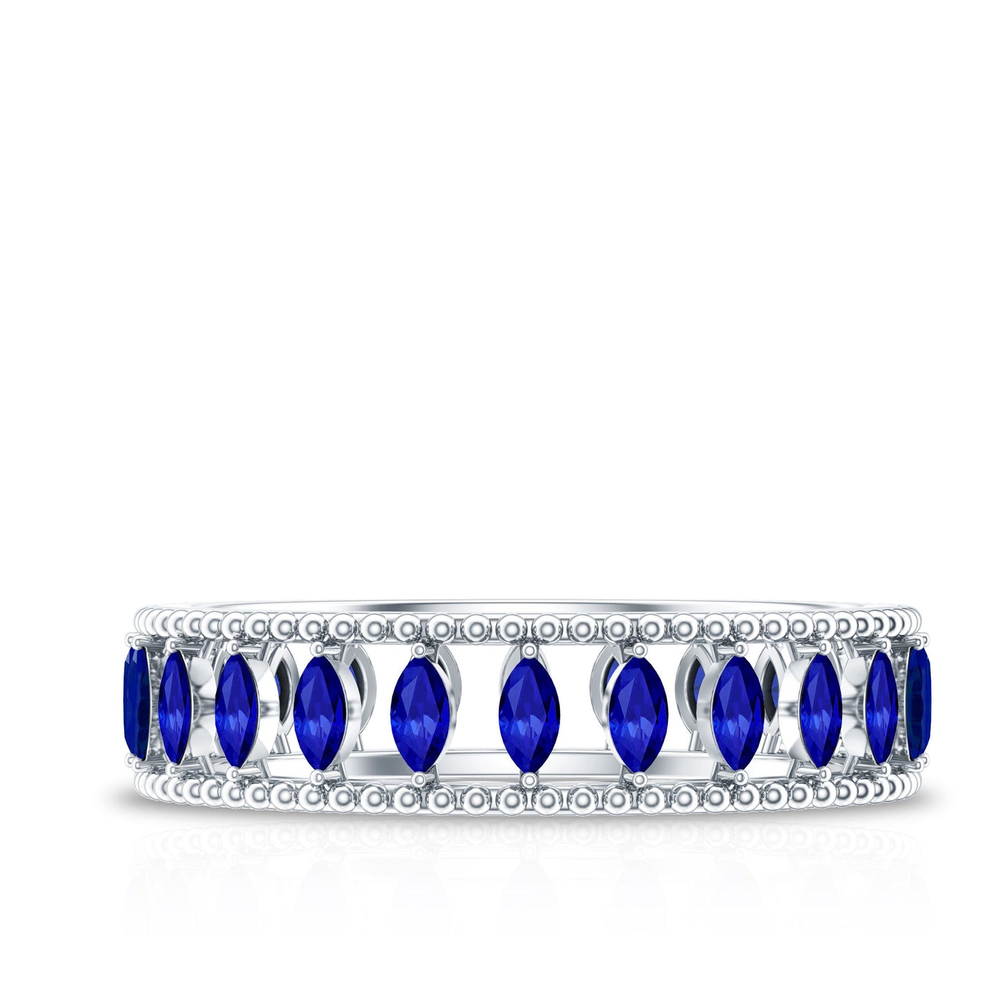 Marquise Cut Created Blue Sapphire Eternity Band with Beaded Detailing