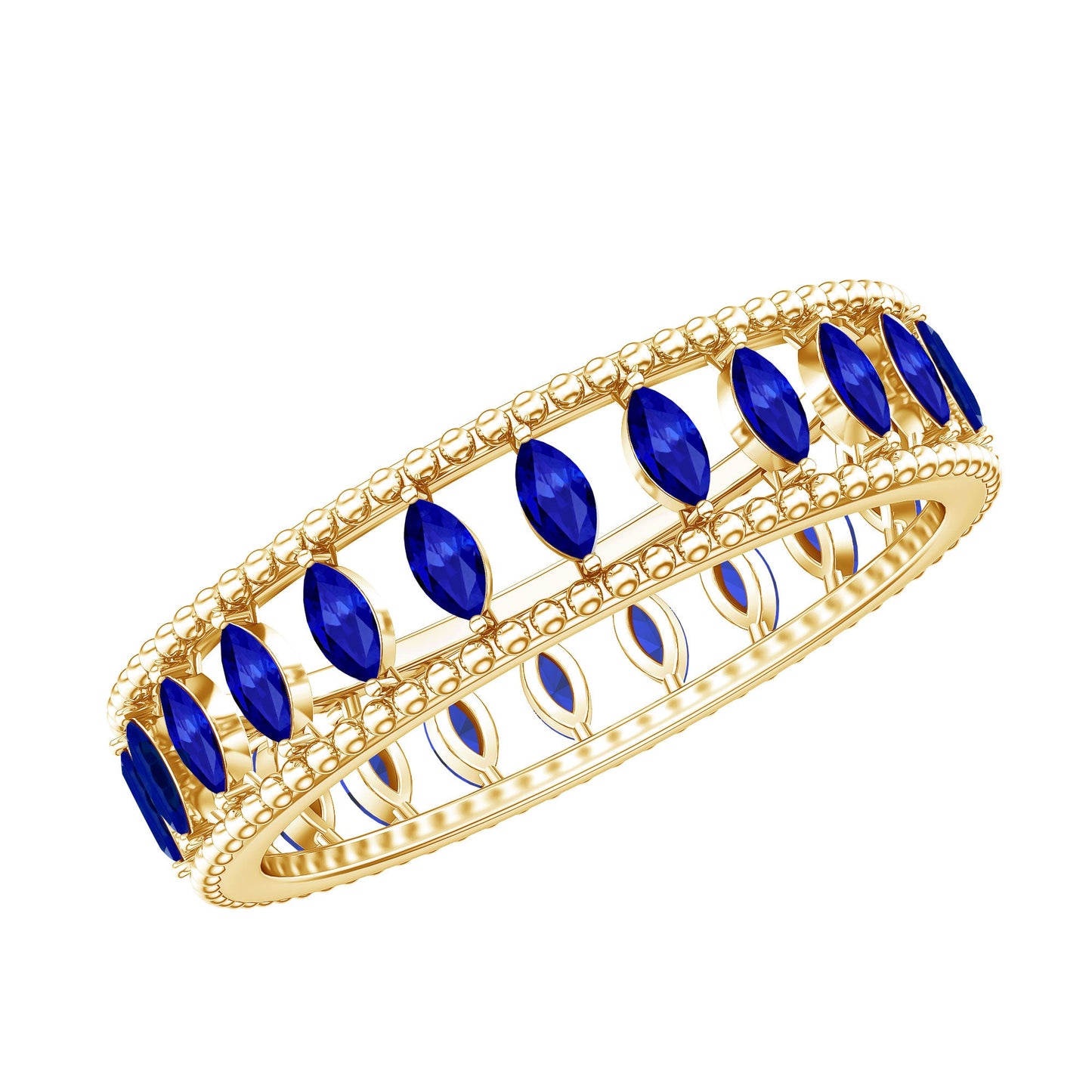 Marquise Cut Created Blue Sapphire Eternity Band with Beaded Detailing