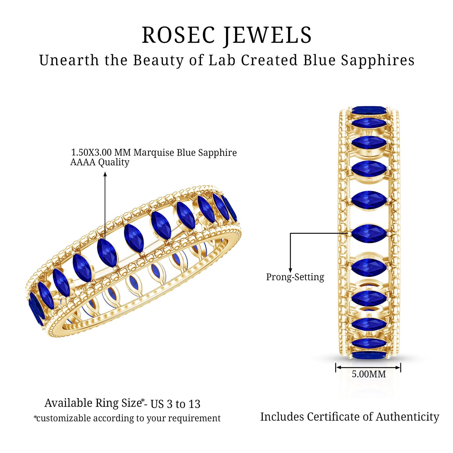 Marquise Cut Created Blue Sapphire Eternity Band with Beaded Detailing