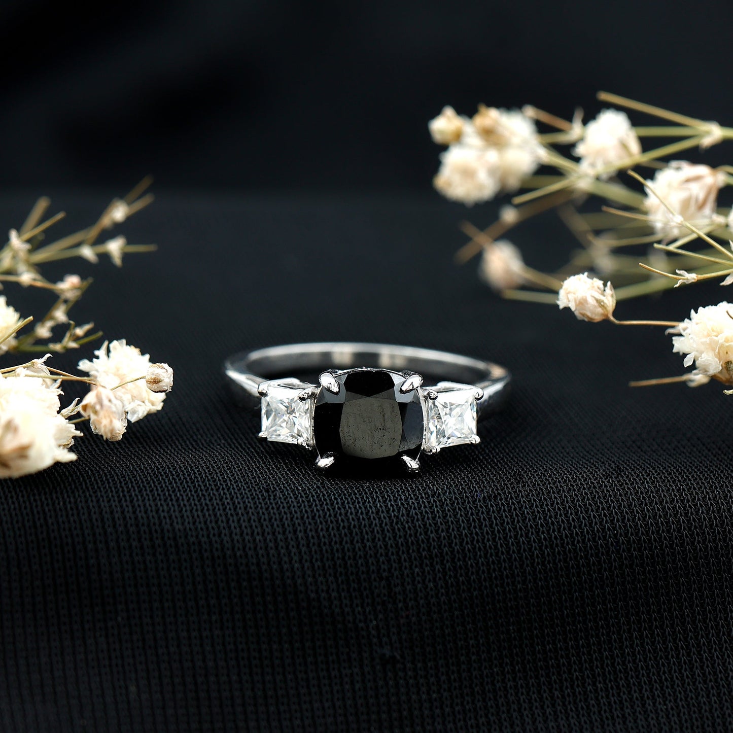 Cushion Cut Black Spinel Solitaire Engagement Ring with Moissanite