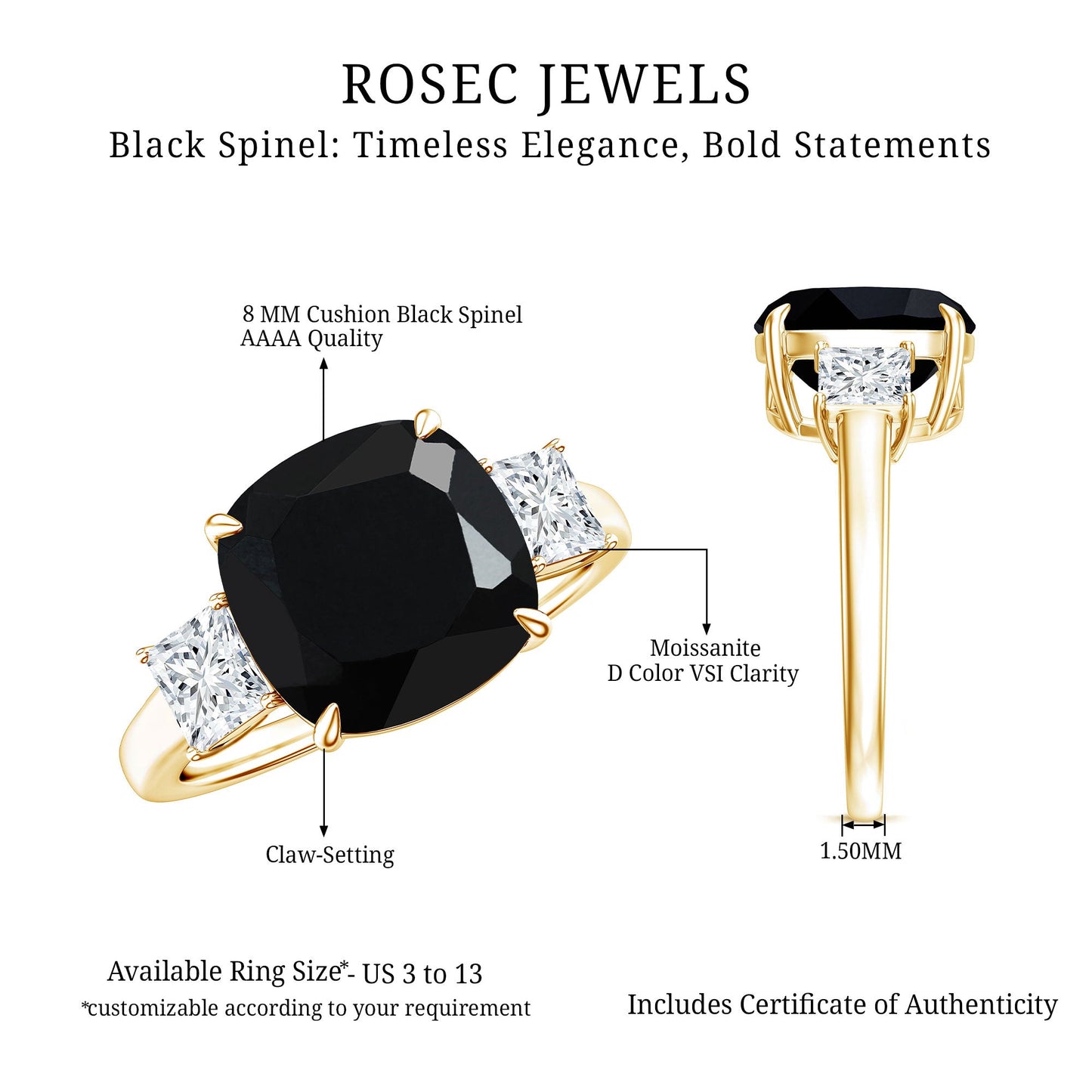 Cushion Cut Black Spinel Solitaire Engagement Ring with Moissanite