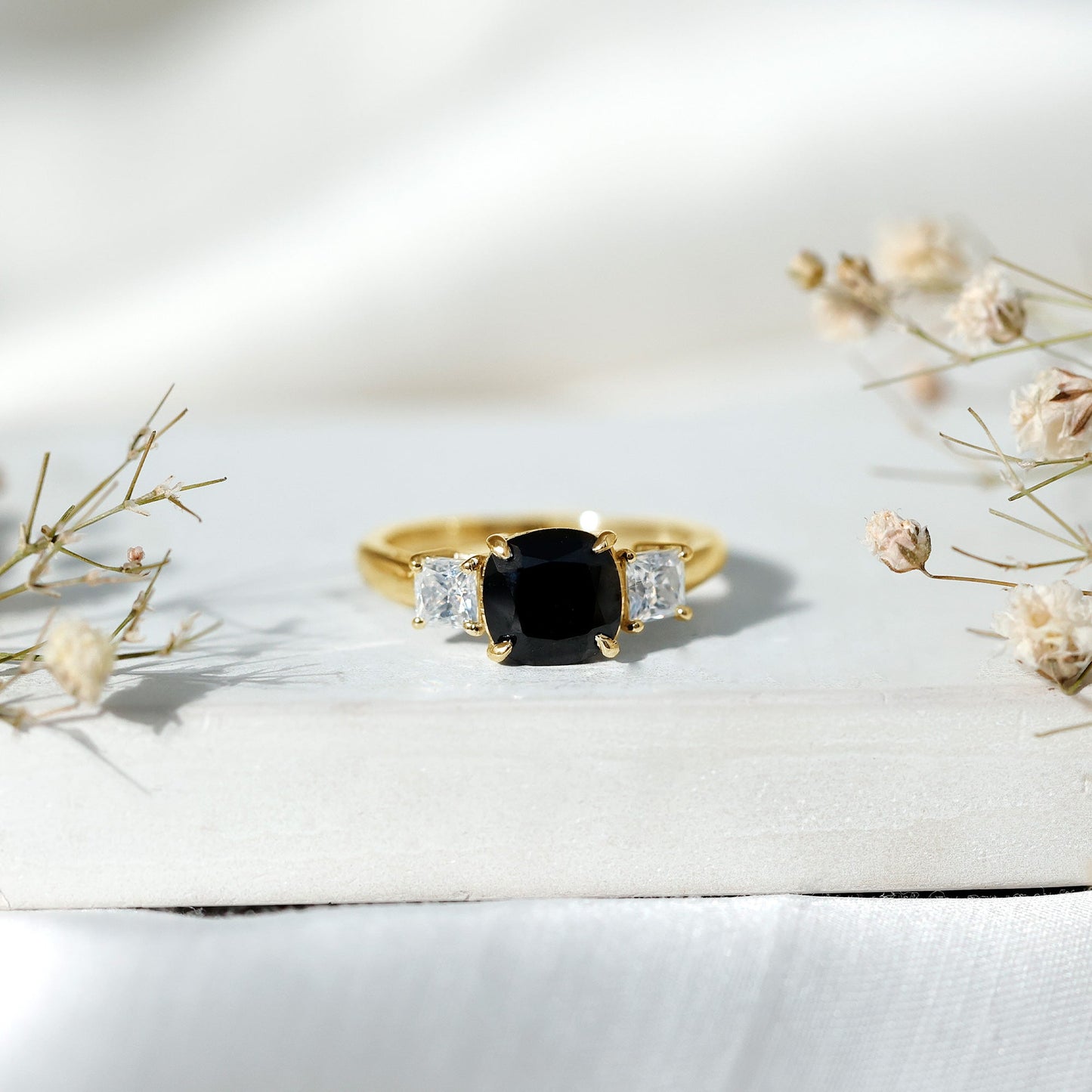 Cushion Cut Black Spinel Solitaire Engagement Ring with Moissanite