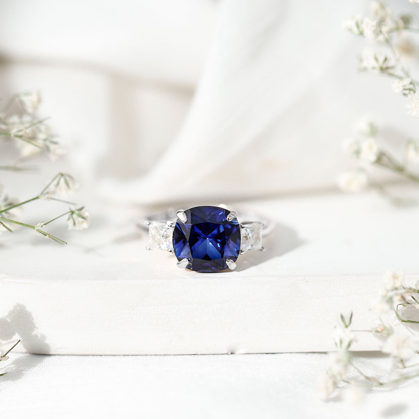 Certified 5.98 Carat Lab Grown Blue Sapphire Big Engagement Ring with Moissanite