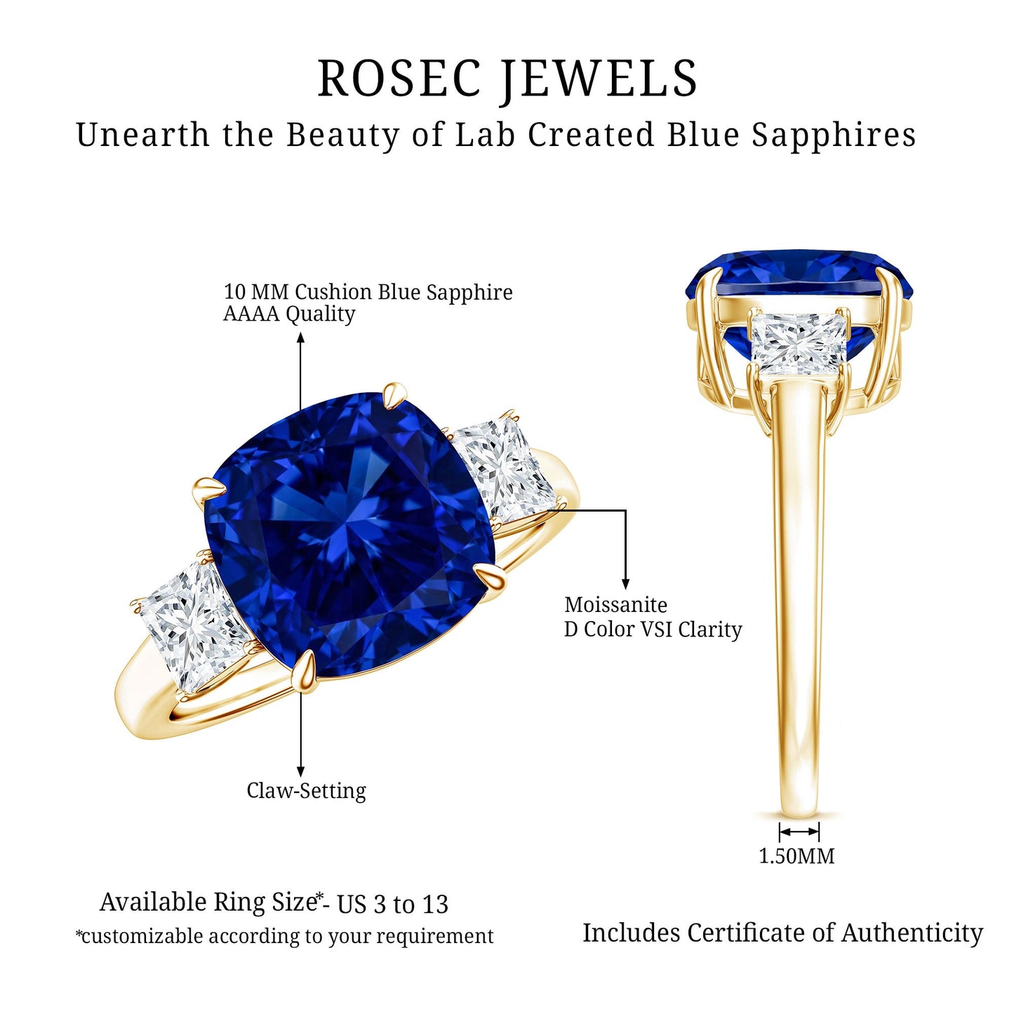 Certified 5.98 Carat Lab Grown Blue Sapphire Big Engagement Ring with Moissanite