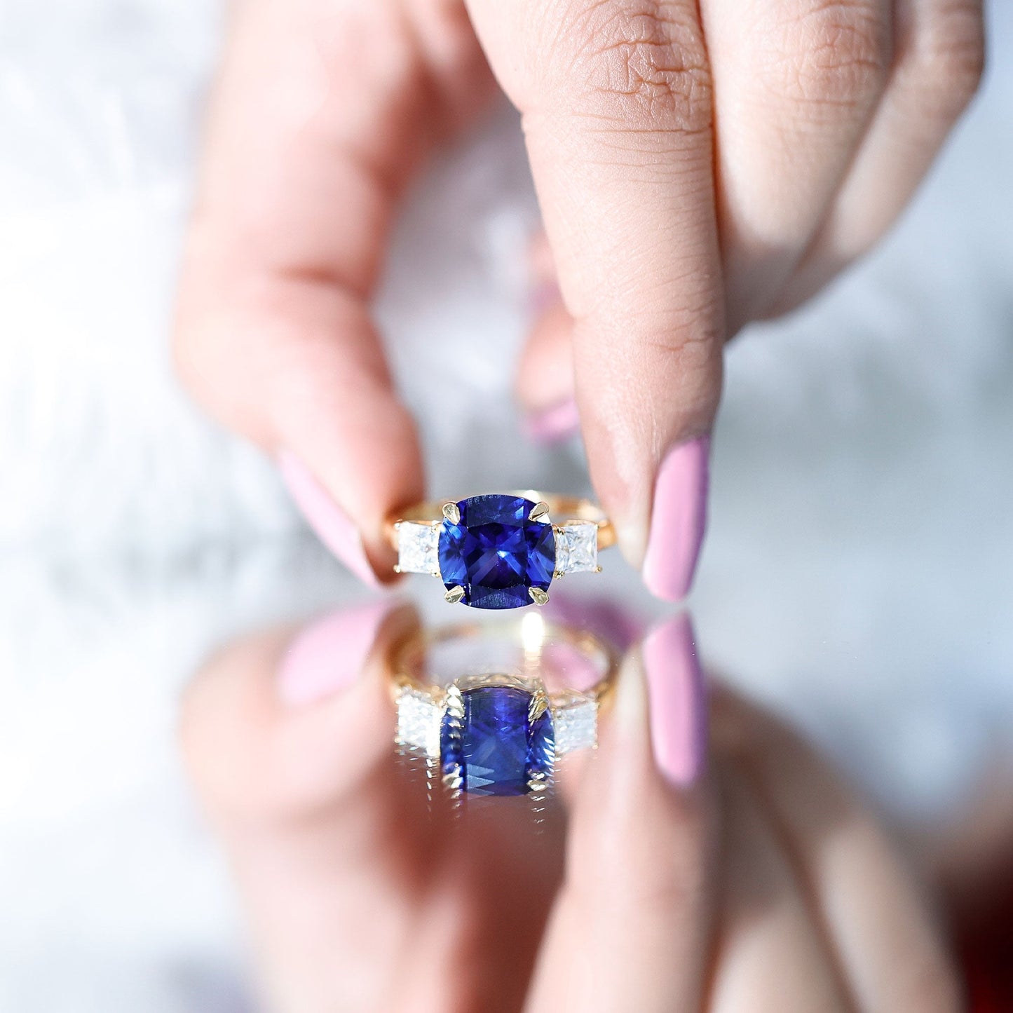 Certified 5.98 Carat Lab Grown Blue Sapphire Big Engagement Ring with Moissanite