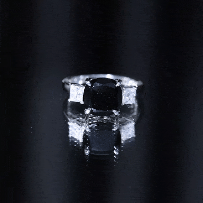 3.8 Carat Cushion Cut Lab Grown Black Diamond Three Engagement Ring with Moissanite