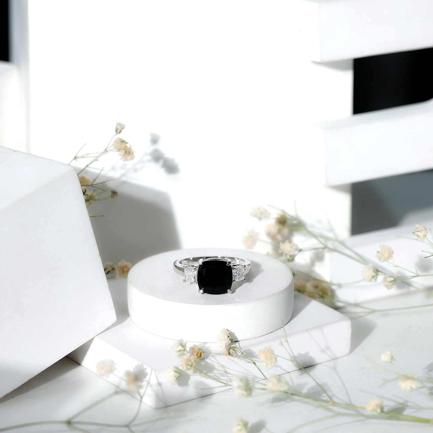 3.8 Carat Cushion Cut Lab Grown Black Diamond Three Engagement Ring with Moissanite
