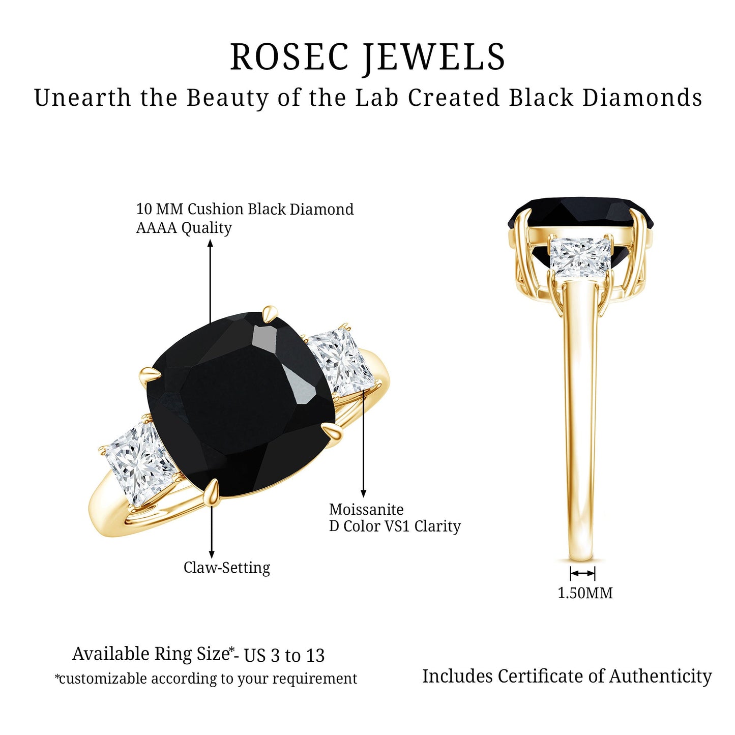 3.8 Carat Cushion Cut Lab Grown Black Diamond Three Engagement Ring with Moissanite