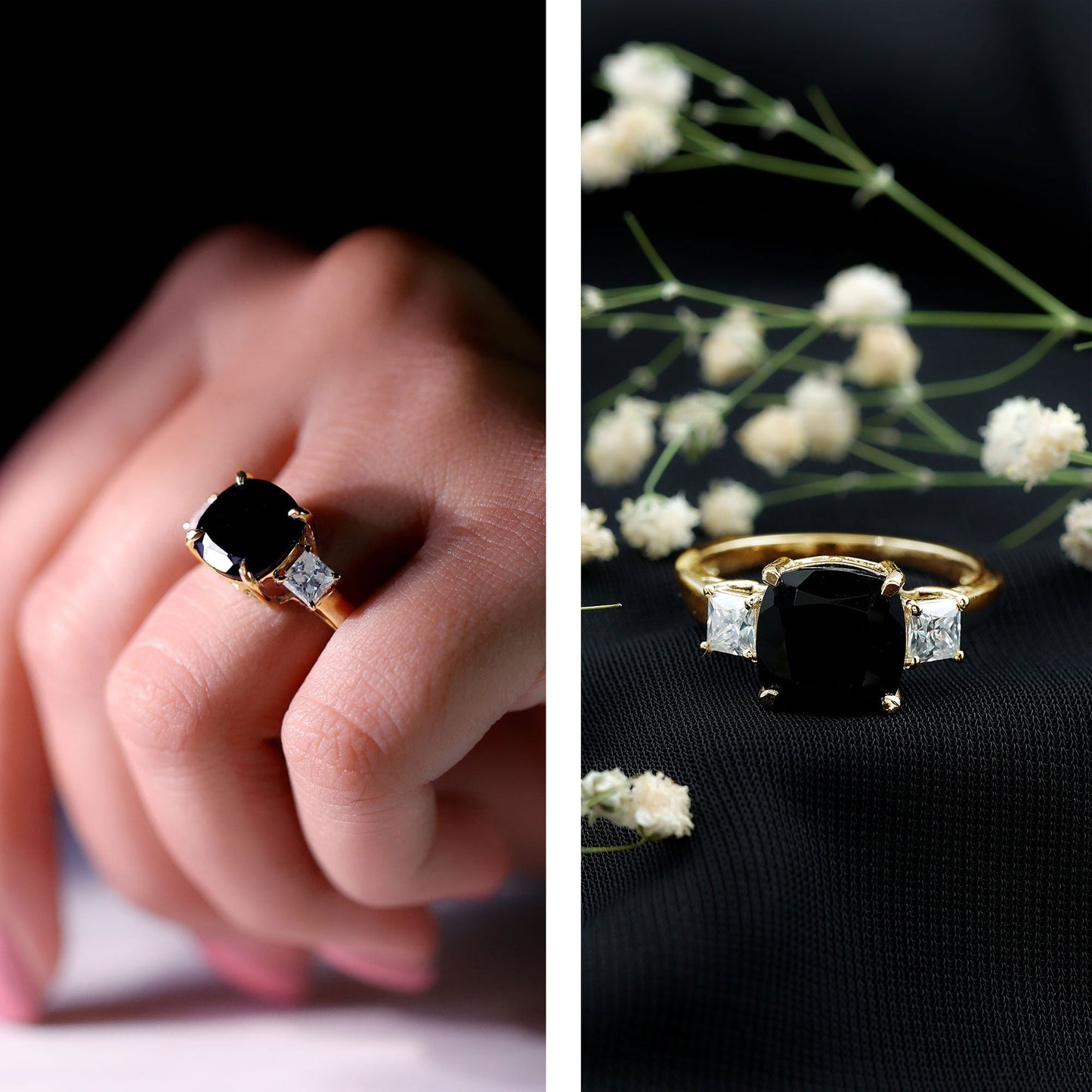 3.8 Carat Cushion Cut Lab Grown Black Diamond Three Engagement Ring with Moissanite