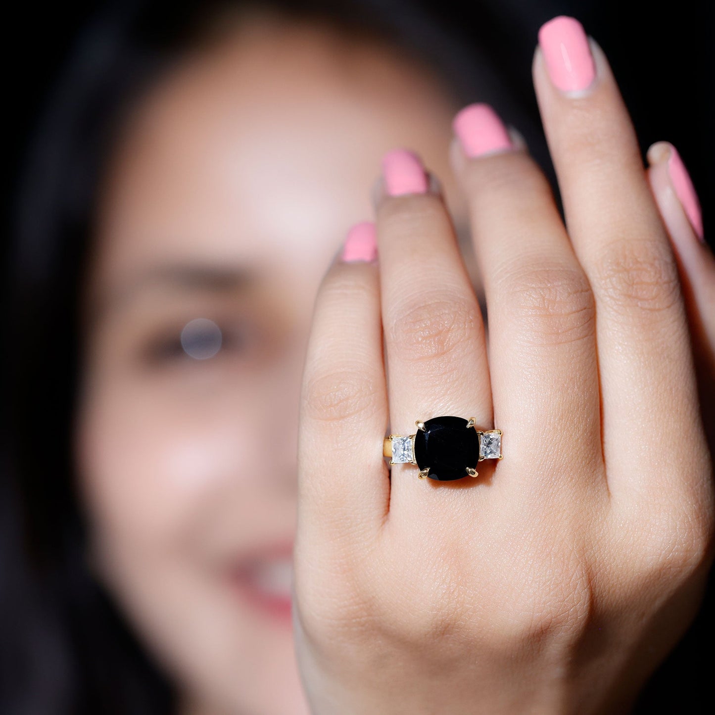 3.8 Carat Cushion Cut Lab Grown Black Diamond Three Engagement Ring with Moissanite