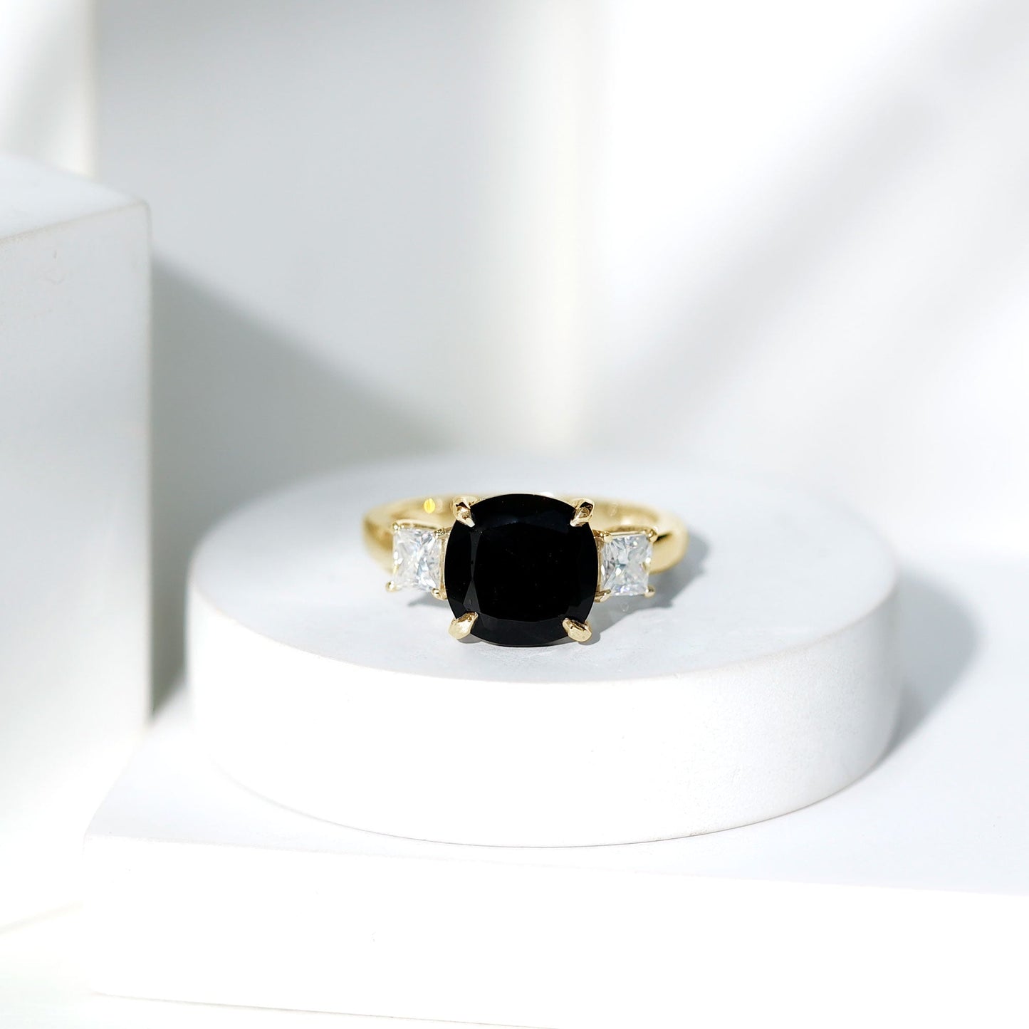 3.8 Carat Cushion Cut Lab Grown Black Diamond Three Engagement Ring with Moissanite