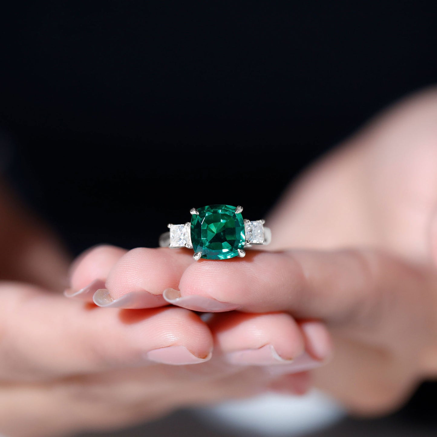 Lab Grown Emerald Cushion Engagement Ring with Moissanite