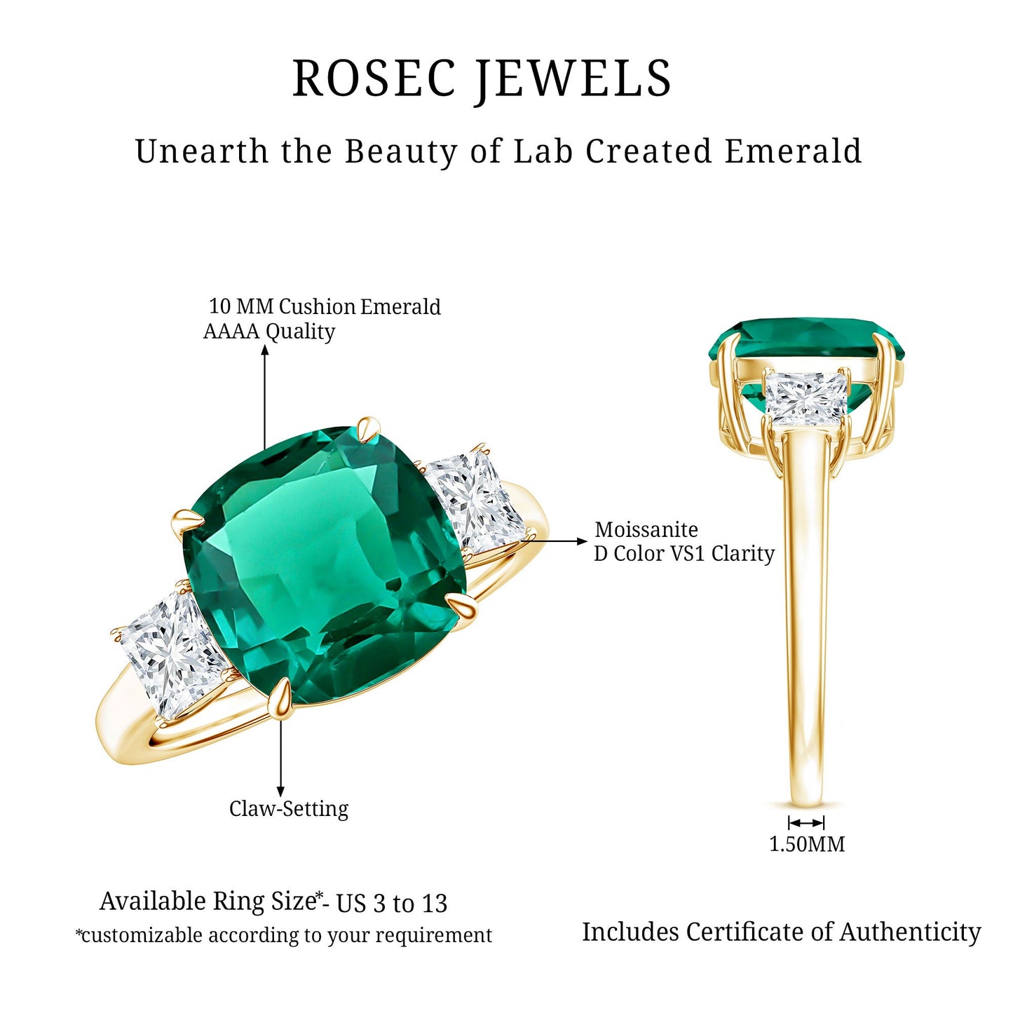 Lab Grown Emerald Cushion Engagement Ring with Moissanite