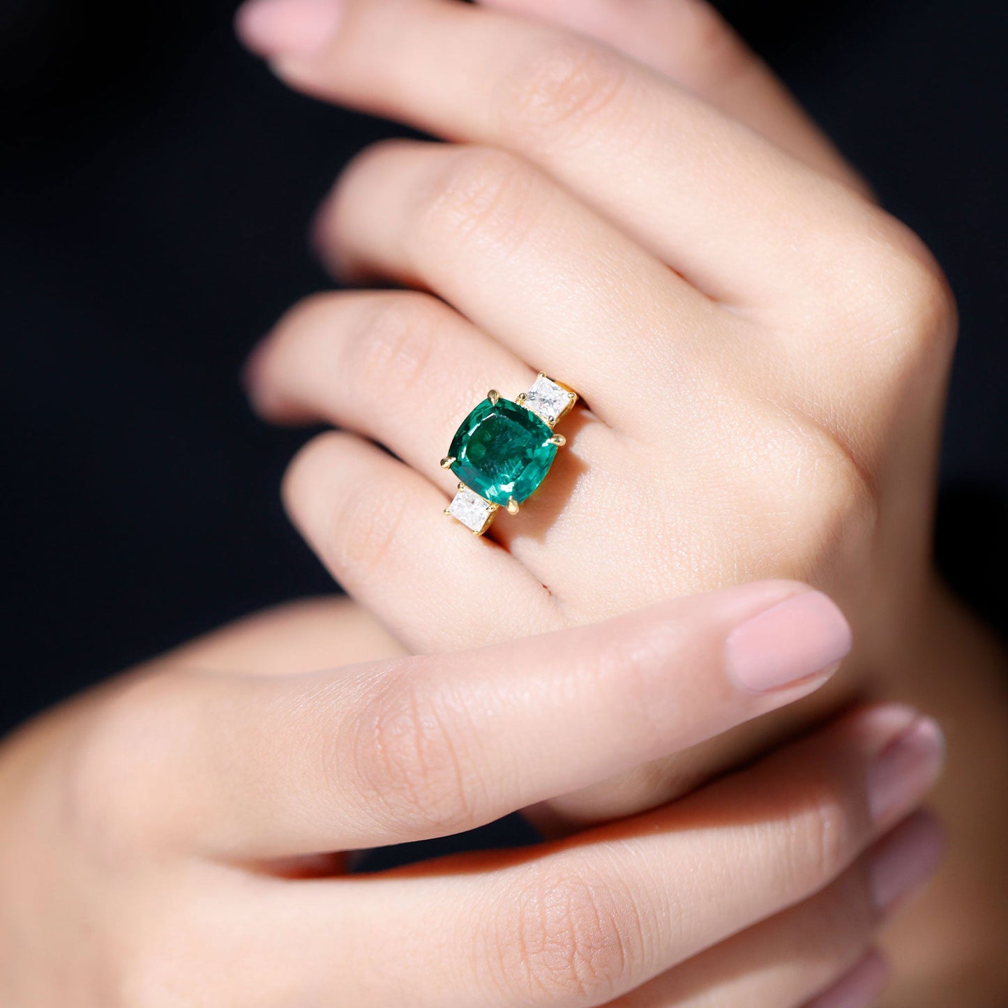 Lab Grown Emerald Cushion Engagement Ring with Moissanite