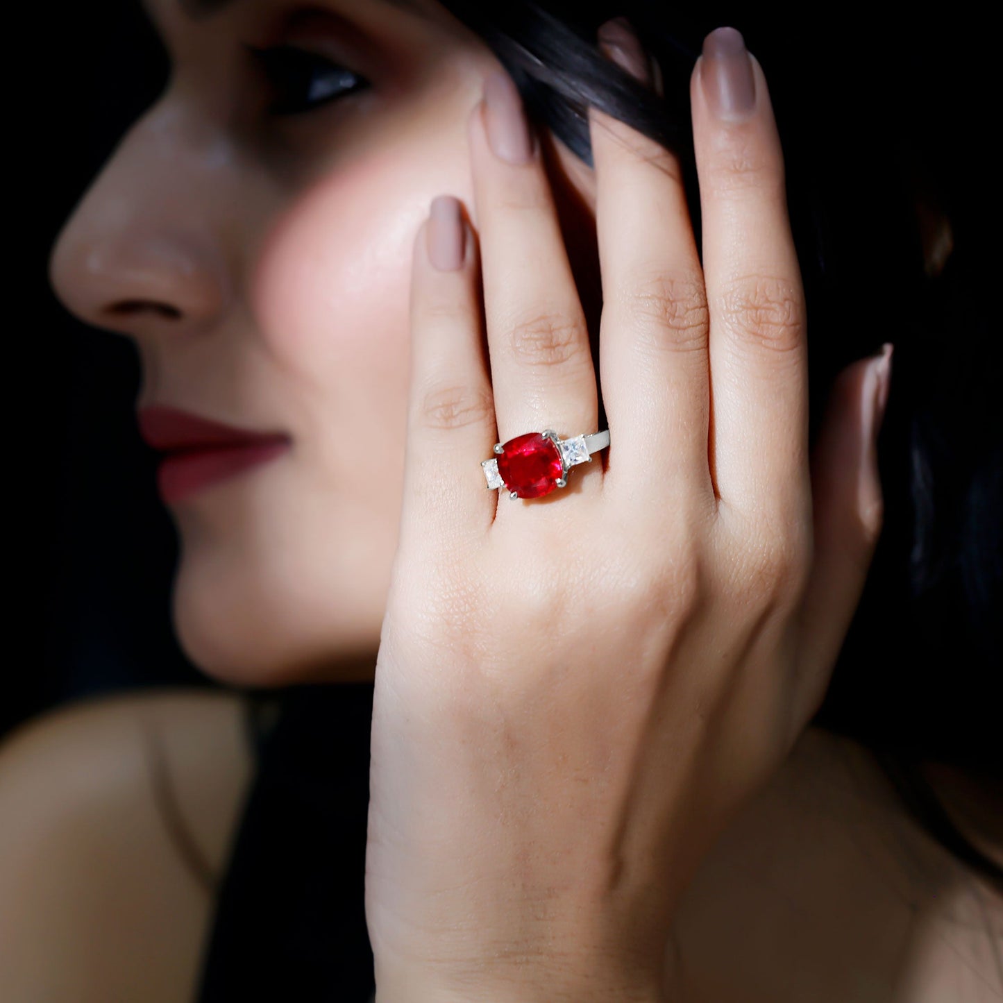 Lab Created Ruby Cushion Engagement Ring with Moissanite