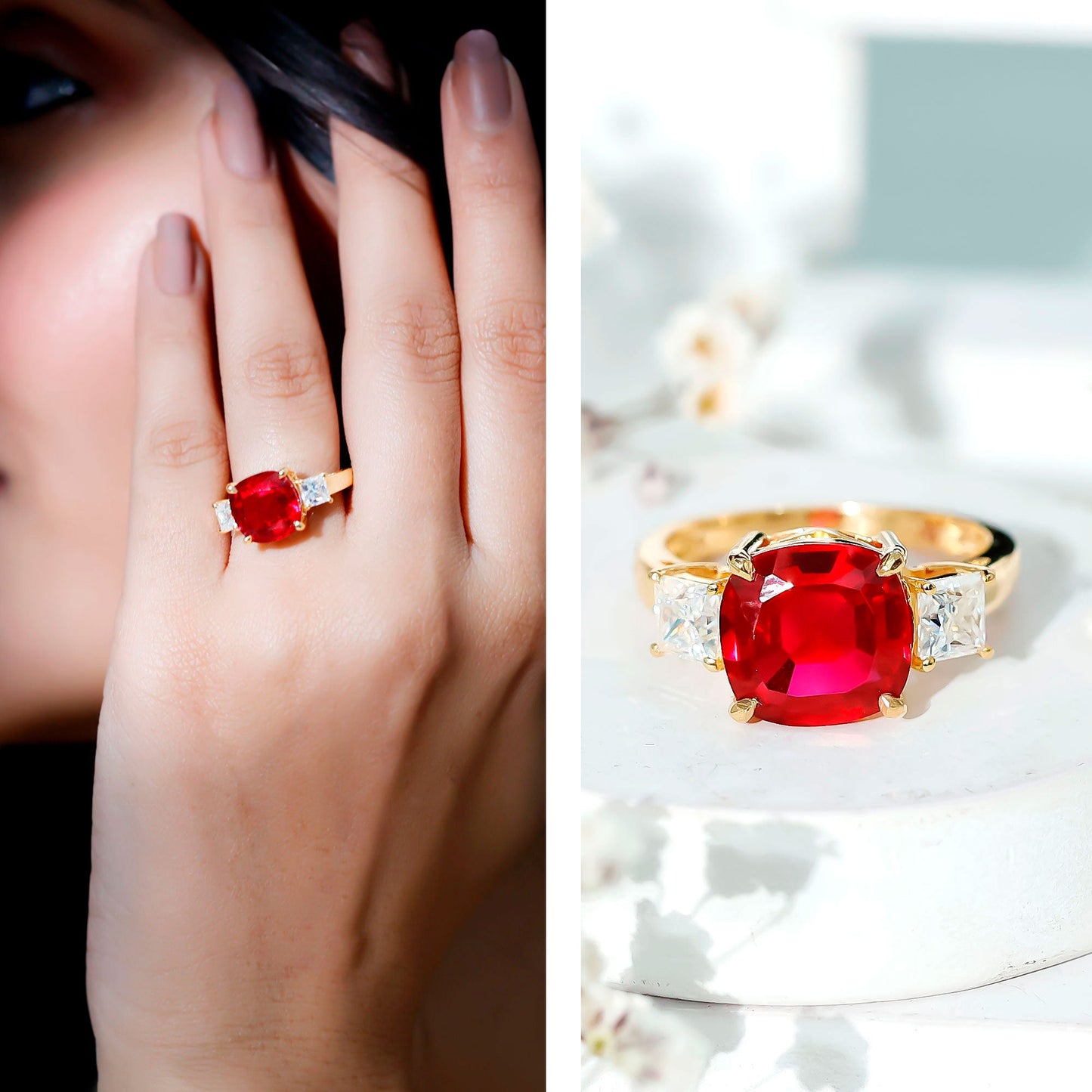 Lab Created Ruby Cushion Engagement Ring with Moissanite