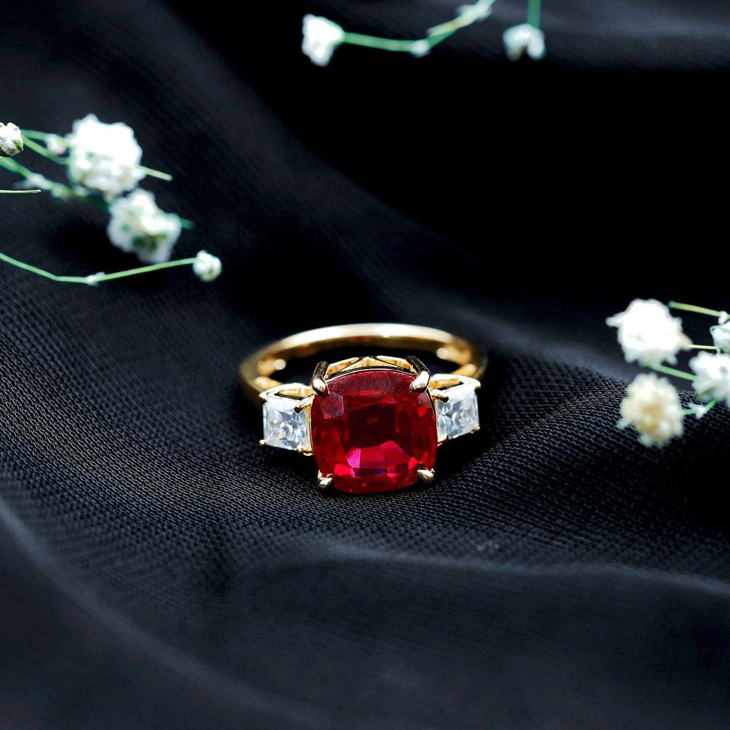 Lab Created Ruby Cushion Engagement Ring with Moissanite