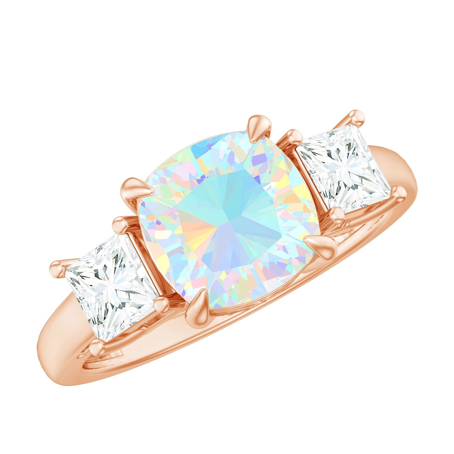 1.8 Carat Genuine Cushion Cut Ethiopian Opal 3 Stone Engagement Ring with Moissanite